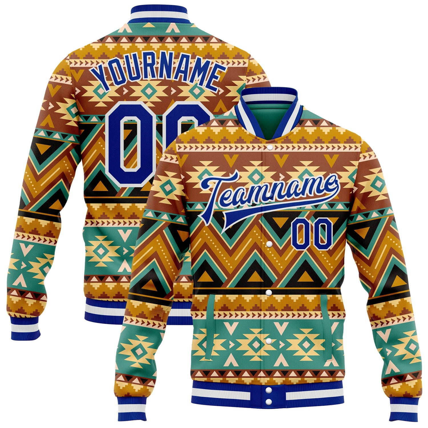 FansIdea Custom Green Royal-White Southwestern Geometric Aztec Bomber Full-Snap Varsity Letterman Jacket - $38.99 at Proof Eyewear