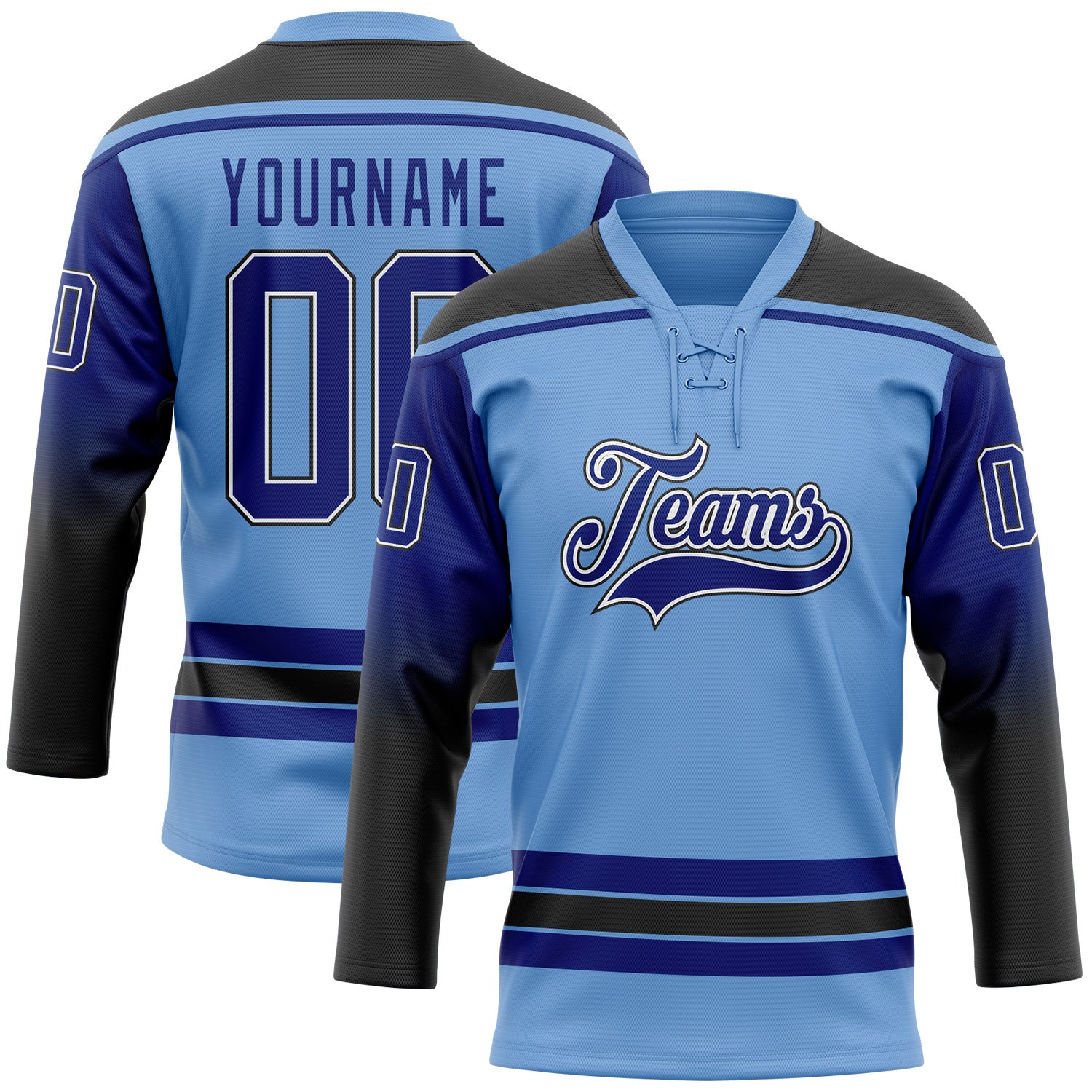 FansIdea Custom Light Blue Royal Black-White Gradient Sleeves Lace Neck Hockey Jersey - $29.99 at Proof Eyewear