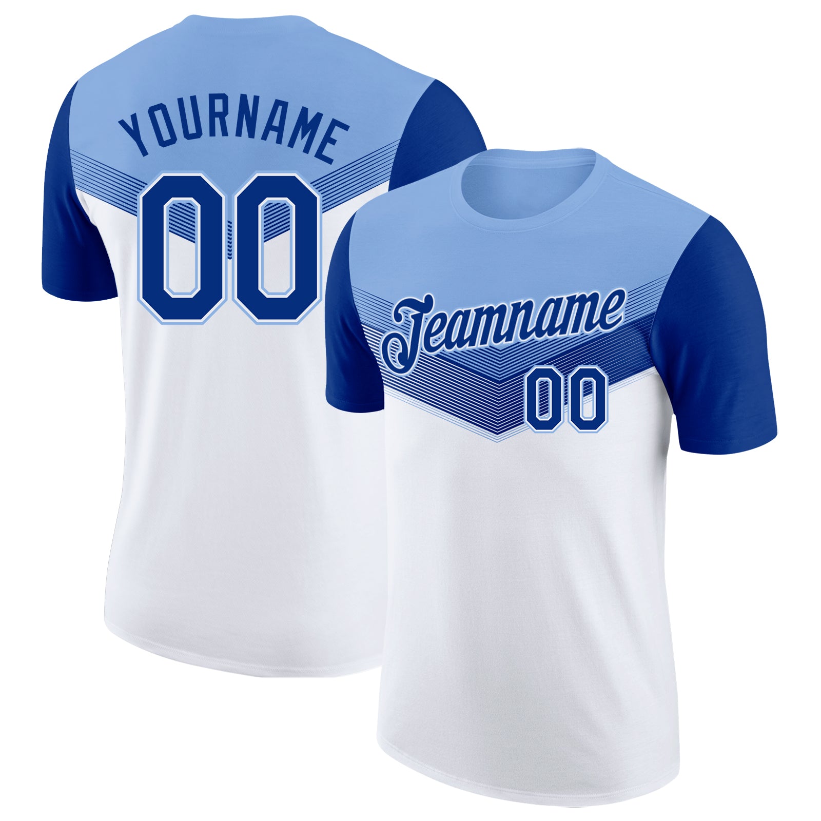 FansIdea Custom Light Blue Royal-White Geometric V-Lines Color Block Performance T-Shirt - $14.99 at Proof Eyewear