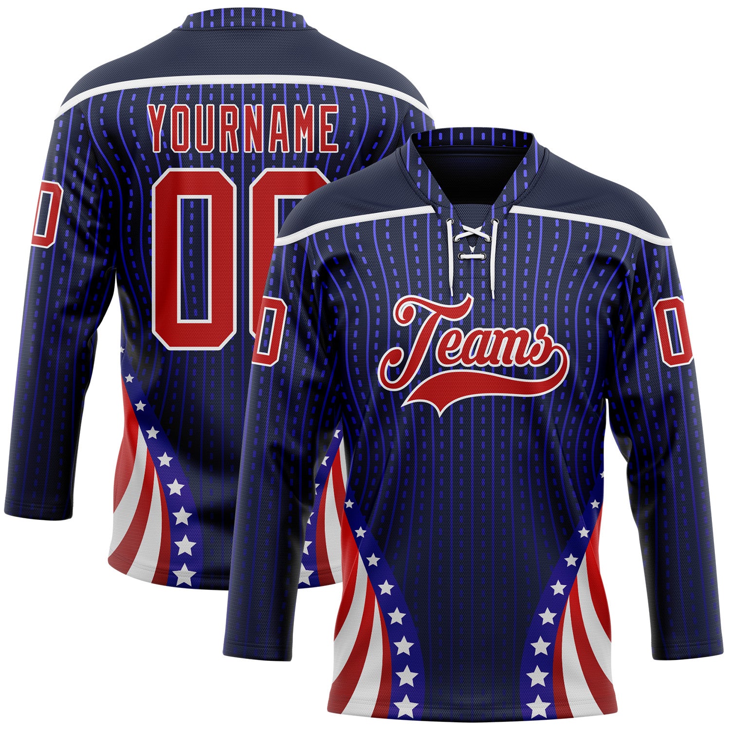 FansIdea Custom Navy Red Royal-White American Flag Hockey Lace Neck Jersey - $29.99 at Proof Eyewear