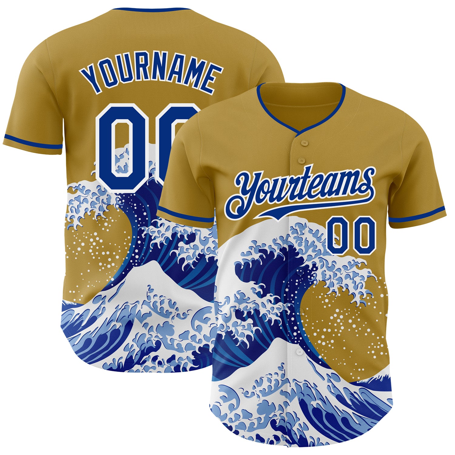 FansIdea Custom Old Gold Royal-White Japanese Wave Authentic Baseball Jersey - $29.99 at Proof Eyewear