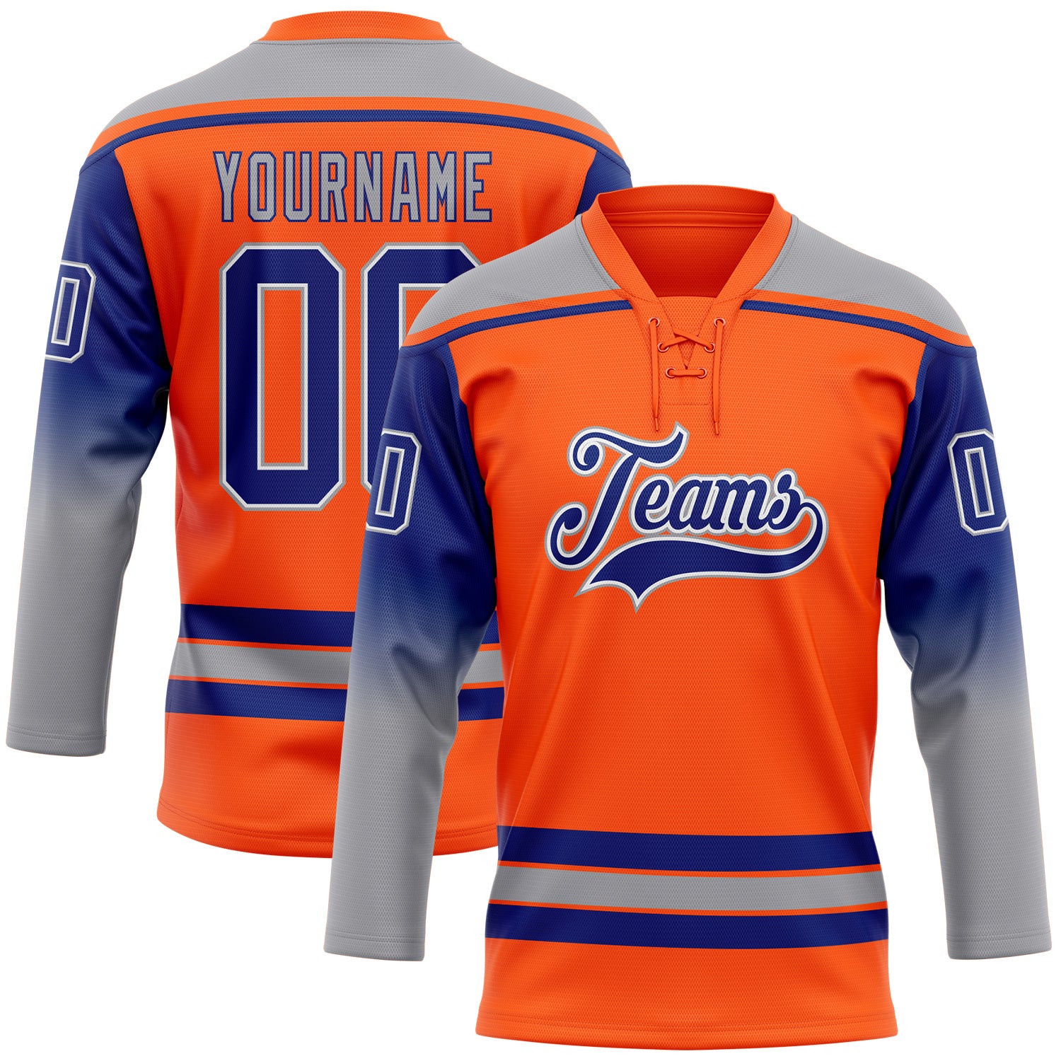 FansIdea Custom Orange Royal Gray-White Gradient Sleeves Lace Neck Hockey Jersey - $29.99 at Proof Eyewear