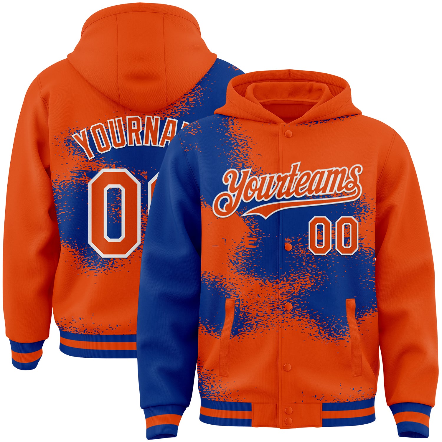 FansIdea Custom Orange Royal-White Abstract Color Blocks Fragment Pattern Bomber Full-Snap Varsity Letterman Hoodie Jacket - $38.99 at Proof Eyewear