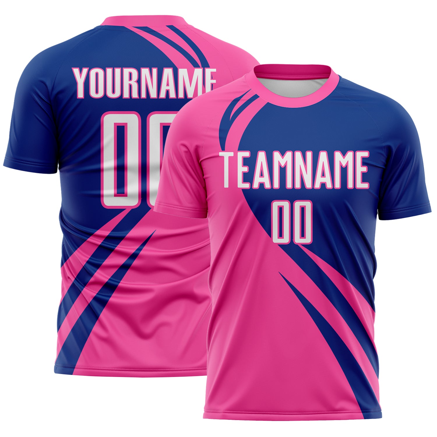 FansIdea Custom Pink White-Royal Diagonal Streamline Color Block Swirl Curve Lines Sublimation Soccer Uniform Jersey - $16.99 at Proof Eyewear