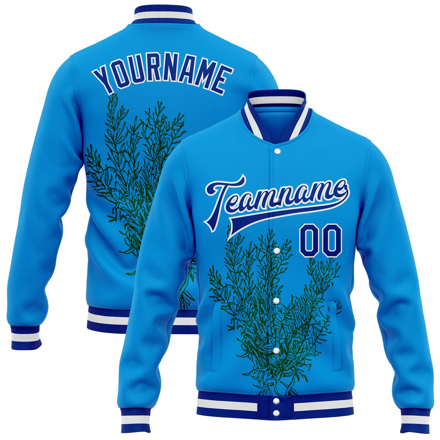 FansIdea Custom Powder Blue Royal-White Nevada State Flower Sagebrush Bomber Full-Snap Varsity Letterman Jacket - $38.99 at Proof Eyewear
