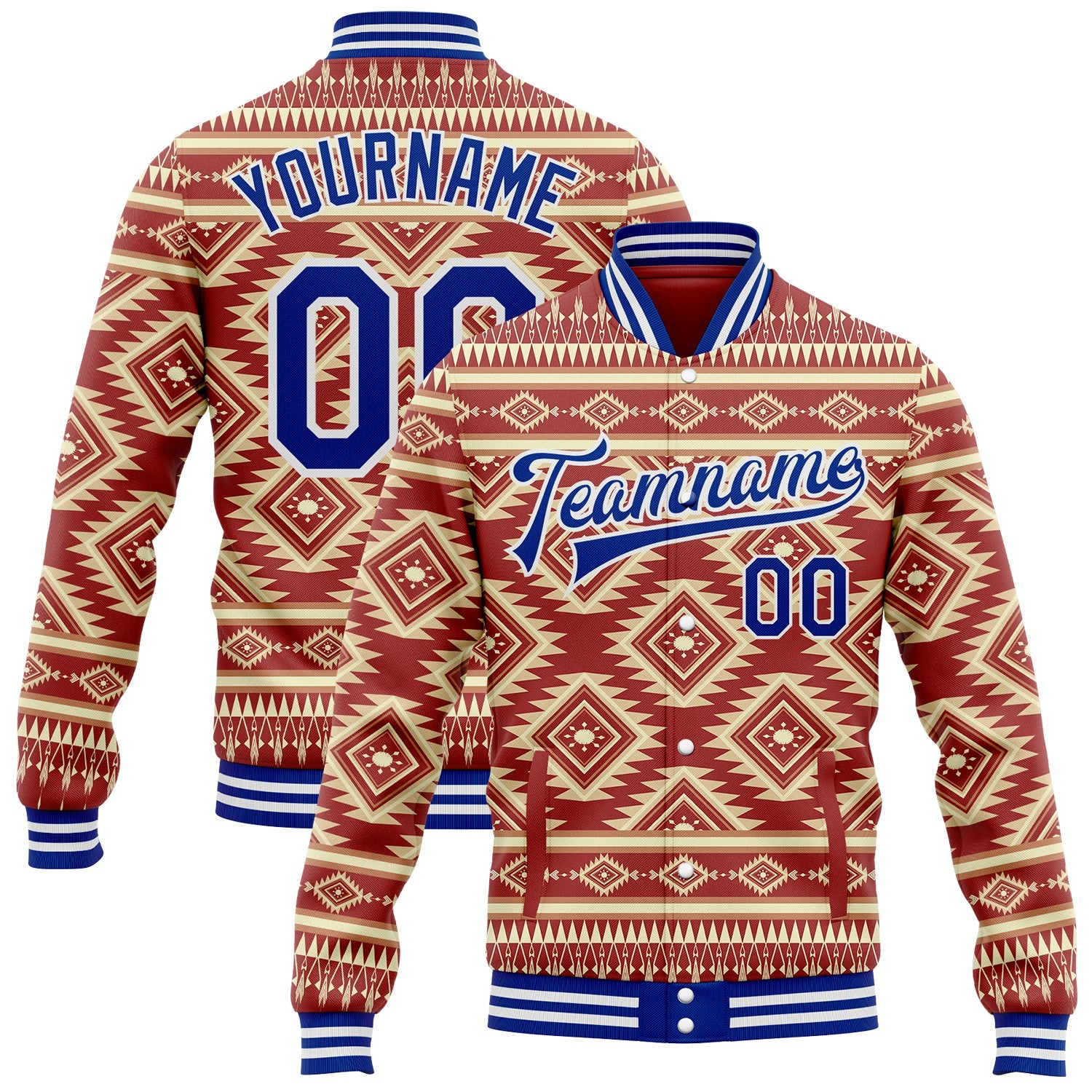 FansIdea Custom Red Royal-White Southwestern Geometric Aztec Bomber Full-Snap Varsity Letterman Jacket - $38.99 at Proof Eyewear