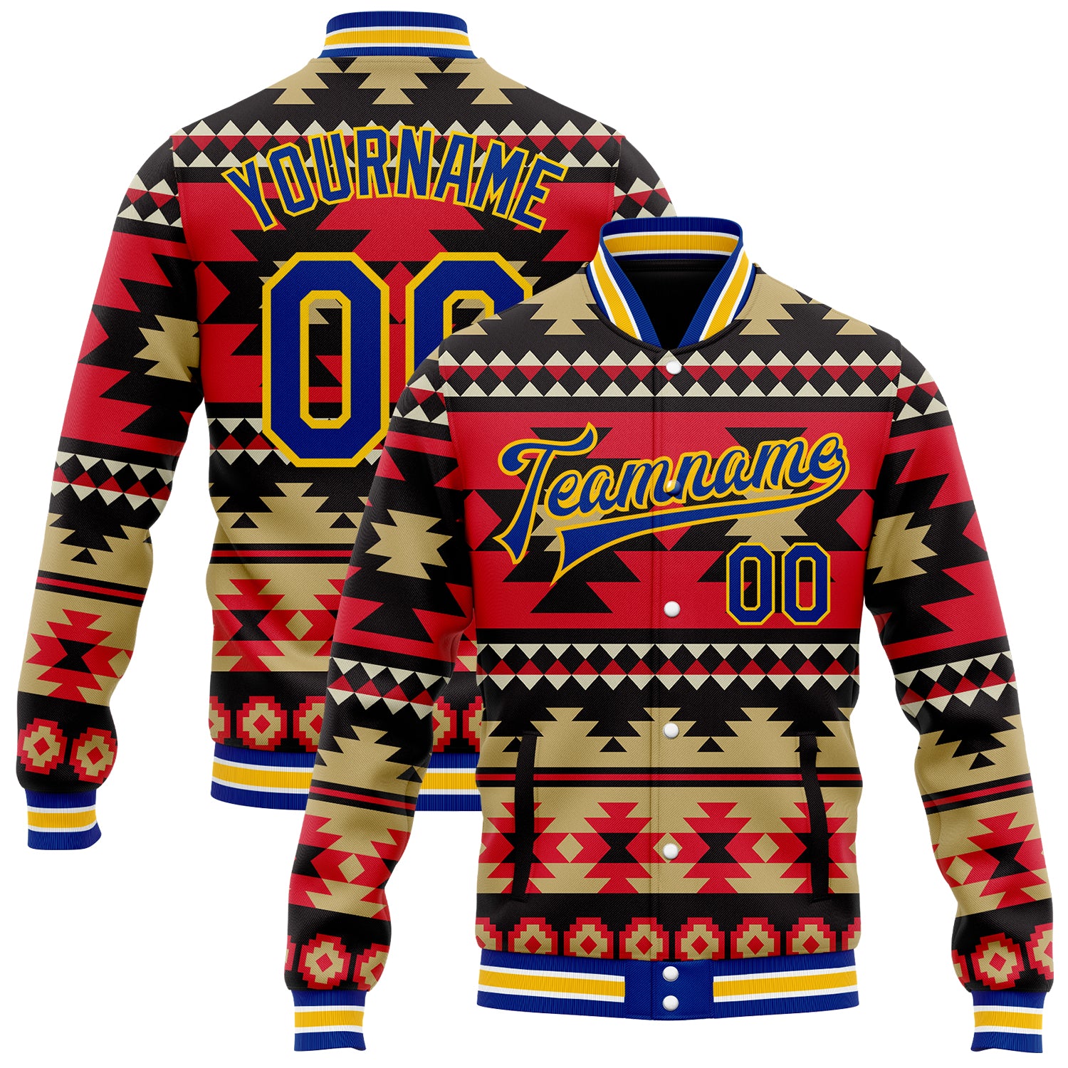 FansIdea Custom Red Royal Yellow-White Southwestern Geometric Aztec Bomber Full-Snap Varsity Letterman Jacket - $38.99 at Proof Eyewear