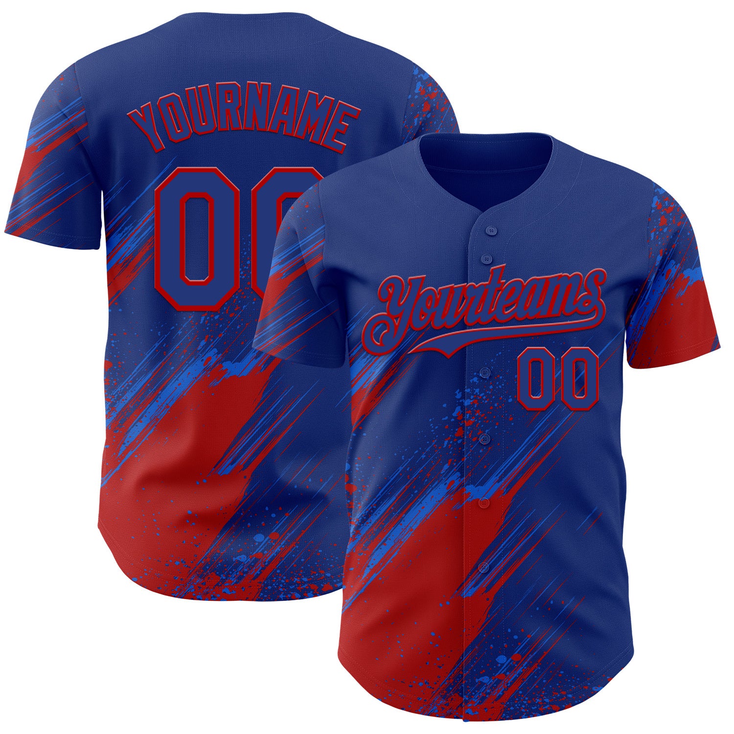 FansIdea Custom Royal Thunder Blue-Red Diagonal Scratch Brush Stroke Paint Splatter Authentic Baseball Jersey - $29.99 at Proof Eyewear