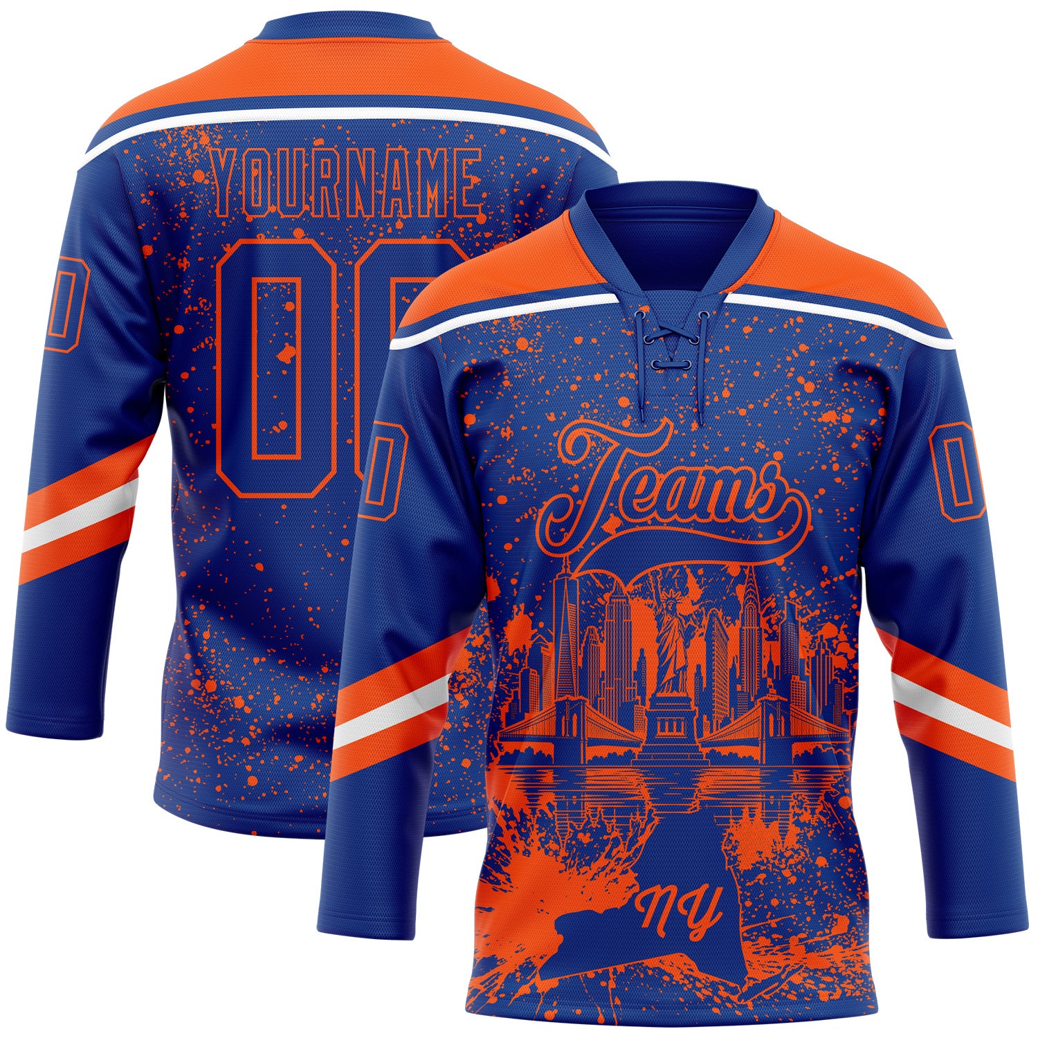 FansIdea Custom Royal Orange-White New York NY City Skyline State Pride Paint Splatter Lace Neck Hockey Jersey - $29.99 at Proof Eyewear