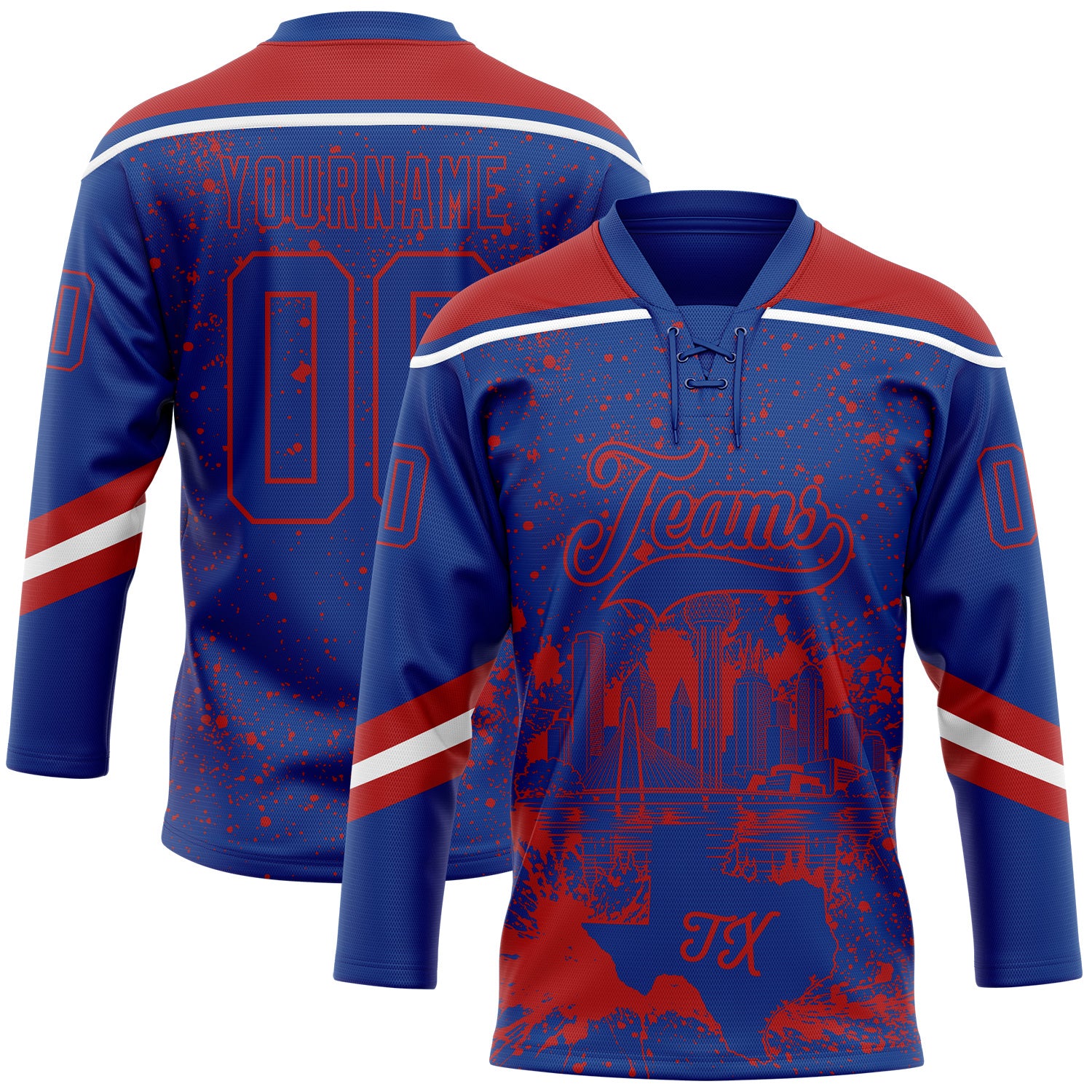 FansIdea Custom Royal Red-White Dallas TX City Skyline State Pride Paint Splatter Lace Neck Hockey Jersey - $29.99 at Proof Eyewear