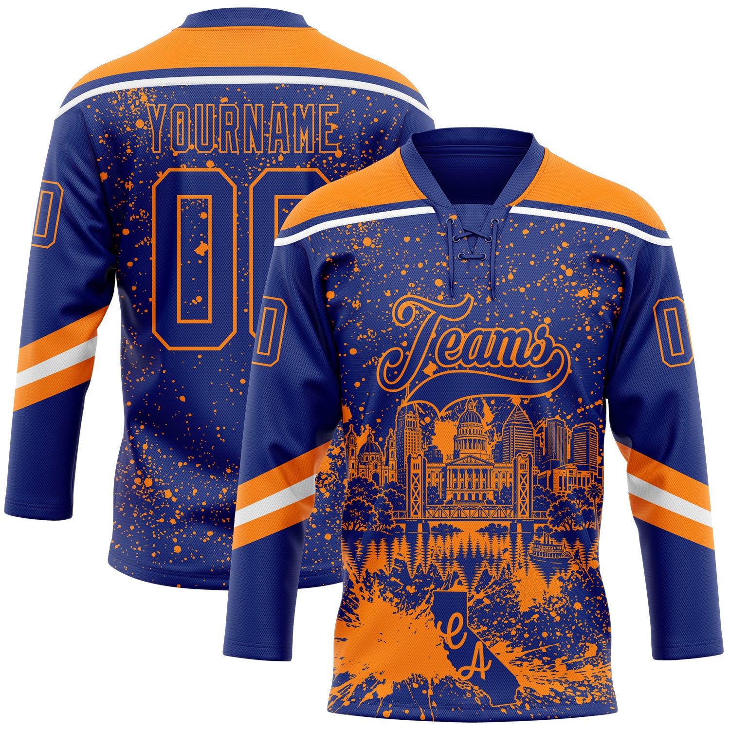 FansIdea Custom Royal Bay Orange-White Sacramento CA City Skyline State Pride Paint Splatter Lace Neck Hockey Jersey - $29.99 at Proof Eyewear