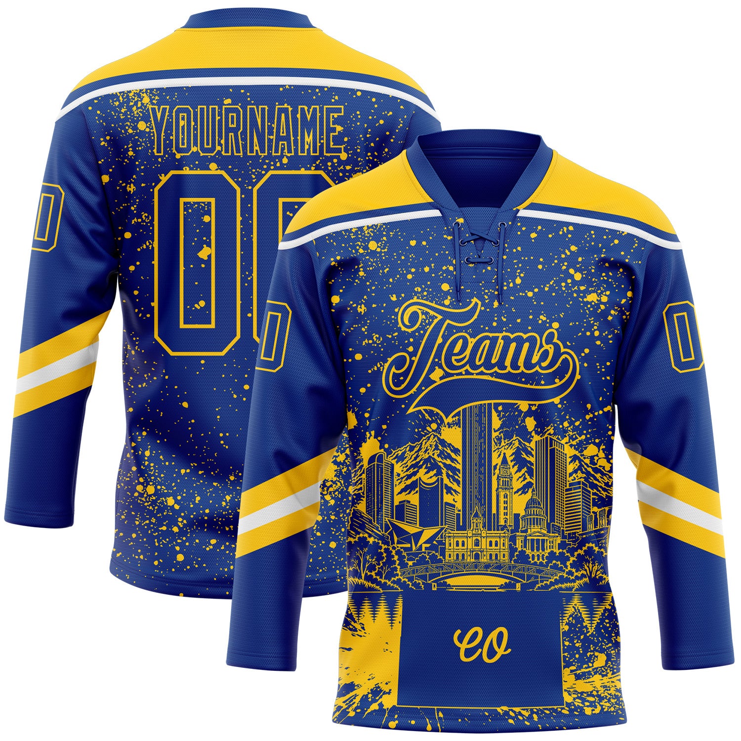 FansIdea Custom Royal Yellow-White Denver CO City Skyline State Pride Paint Splatter Lace Neck Hockey Jersey - $29.99 at Proof Eyewear