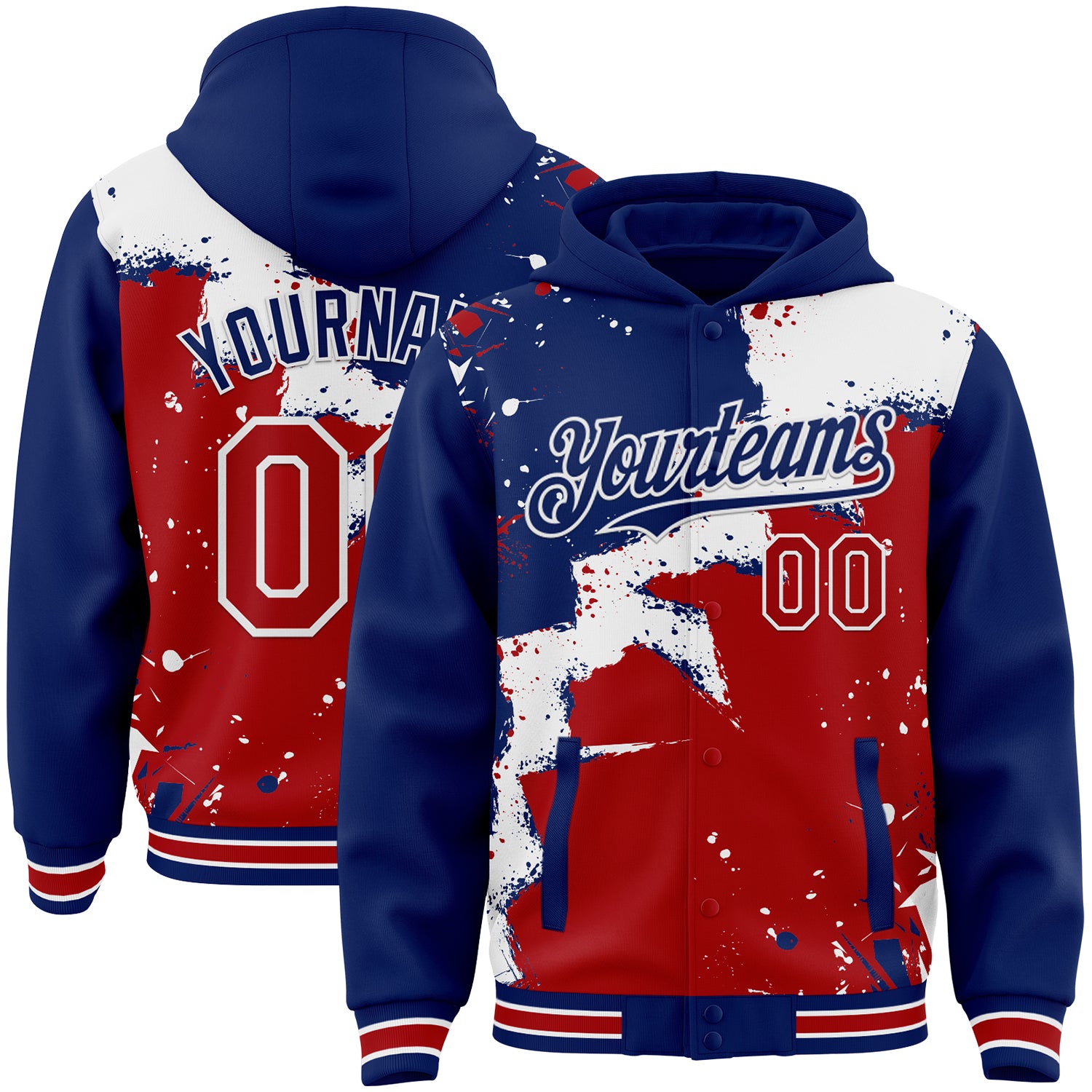FansIdea Custom Royal Red-White Torn Paper Style Paint Splatter Bomber Full-Snap Varsity Letterman Hoodie Jacket - $38.99 at Proof Eyewear