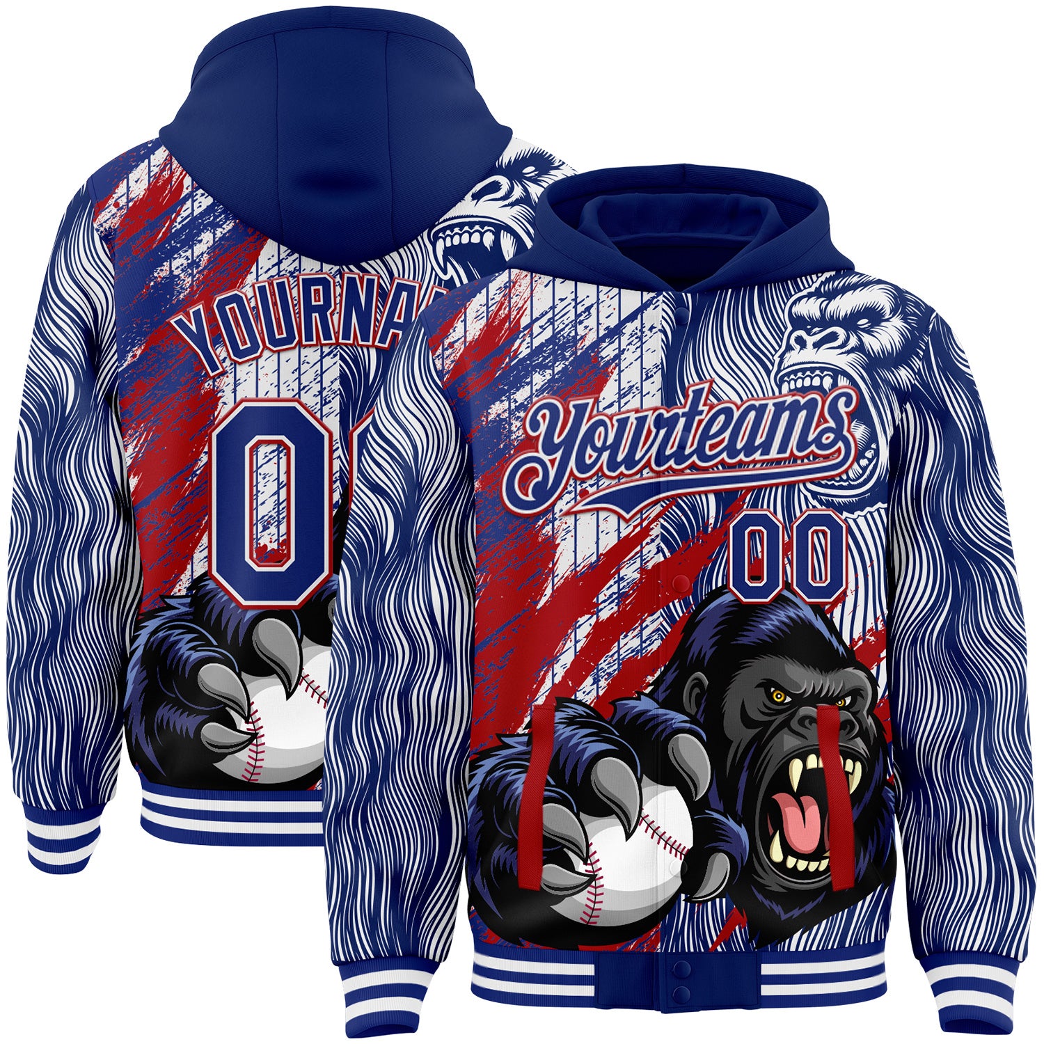 FansIdea Custom Royal White-Red Gorilla Claw Scratch Brush Stroke Bomber Full-Snap Varsity Letterman Hoodie Jacket - $38.99 at Proof Eyewear