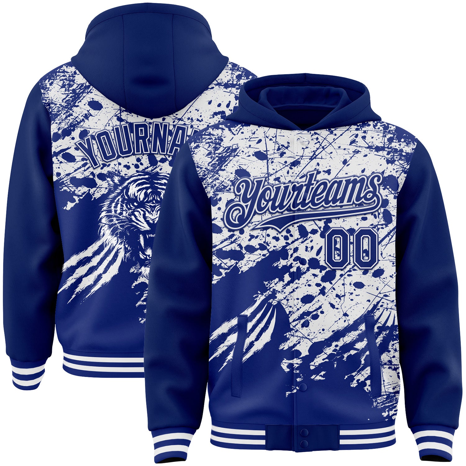 FansIdea Custom Royal-White Tiger Claw Scratch Paint Splatter Bomber Full-Snap Varsity Letterman Hoodie Jacket - $38.99 at Proof Eyewear