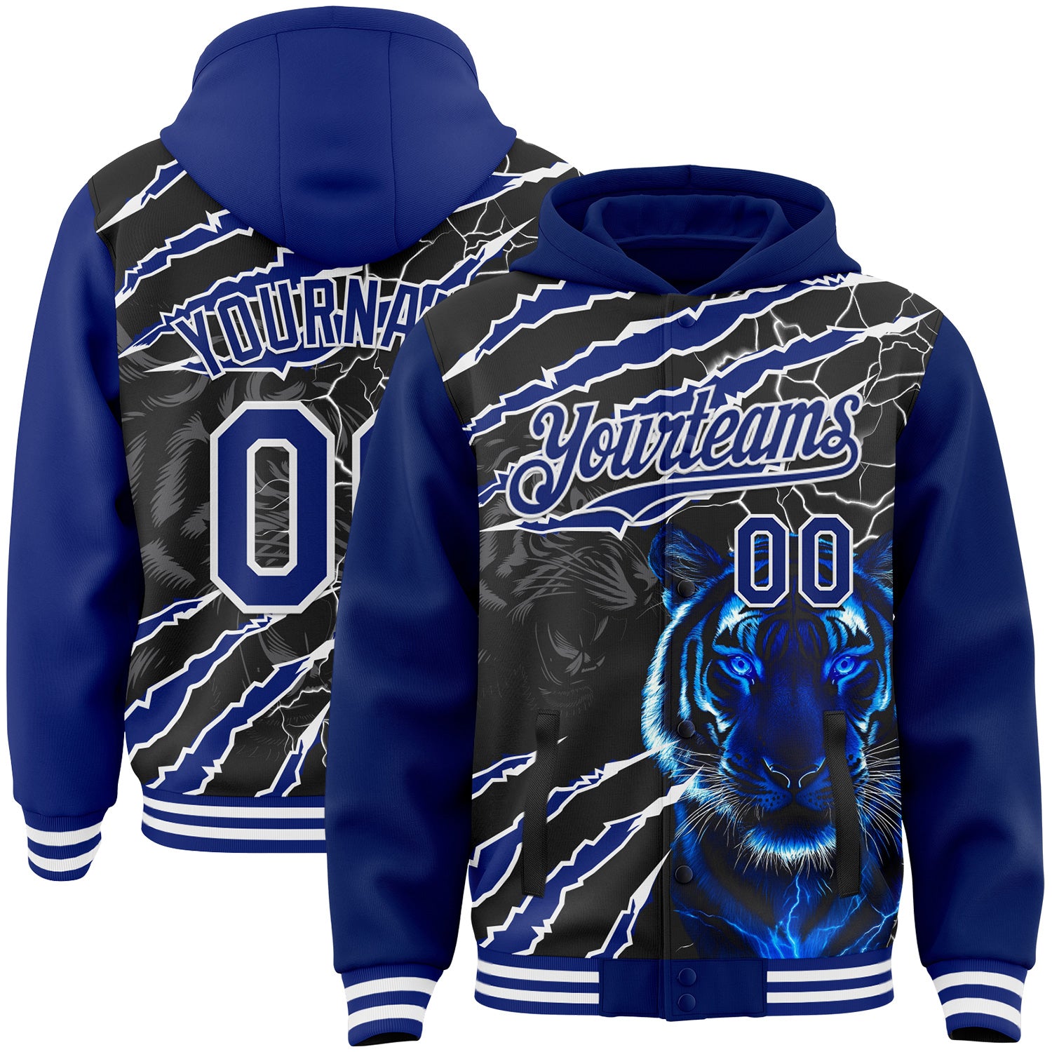 FansIdea Custom Royal Black-White Tiger Lightning Claw Scratch Bomber Full-Snap Varsity Letterman Hoodie Jacket - $38.99 at Proof Eyewear