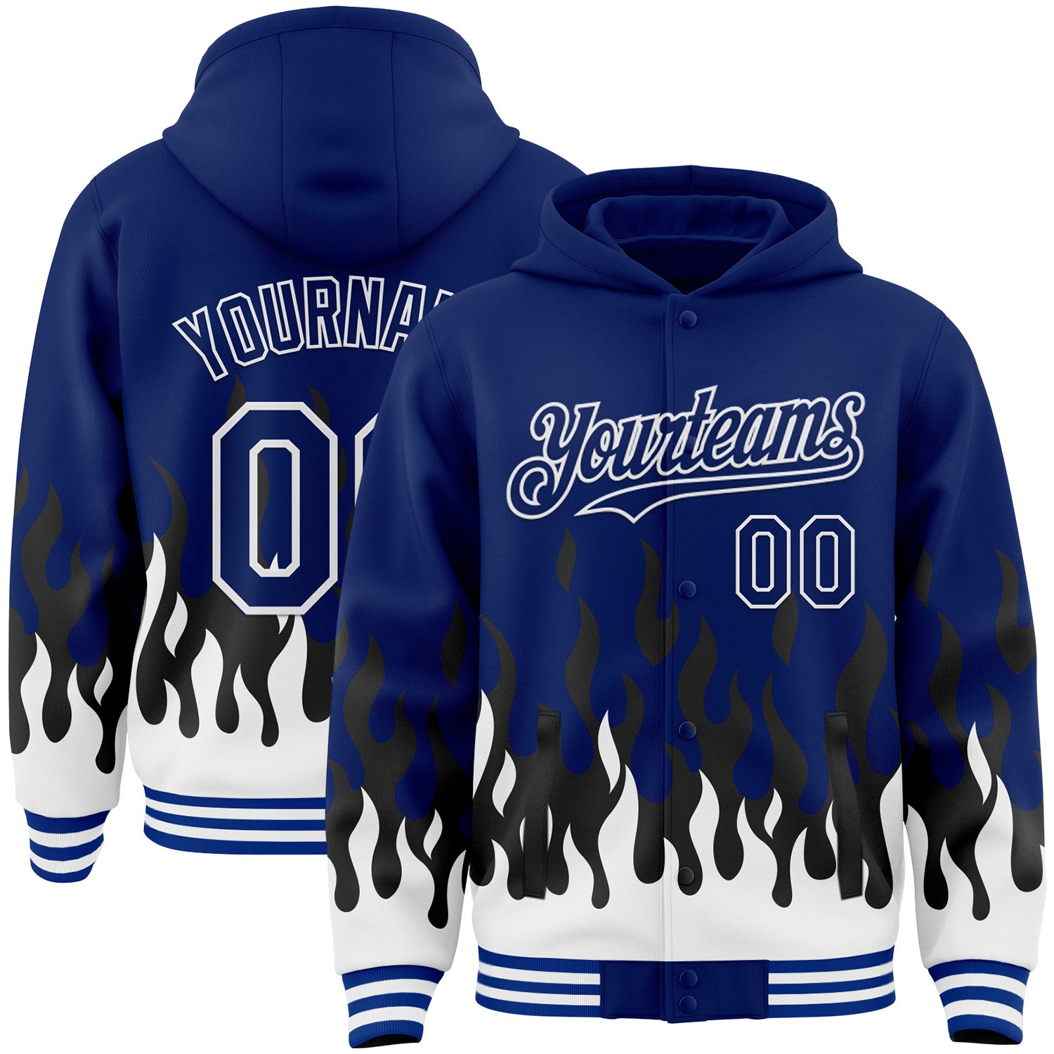 FansIdea Custom Royal Black-White Fire Flame Bomber Full-Snap Varsity Letterman Hoodie Jacket - $38.99 at Proof Eyewear