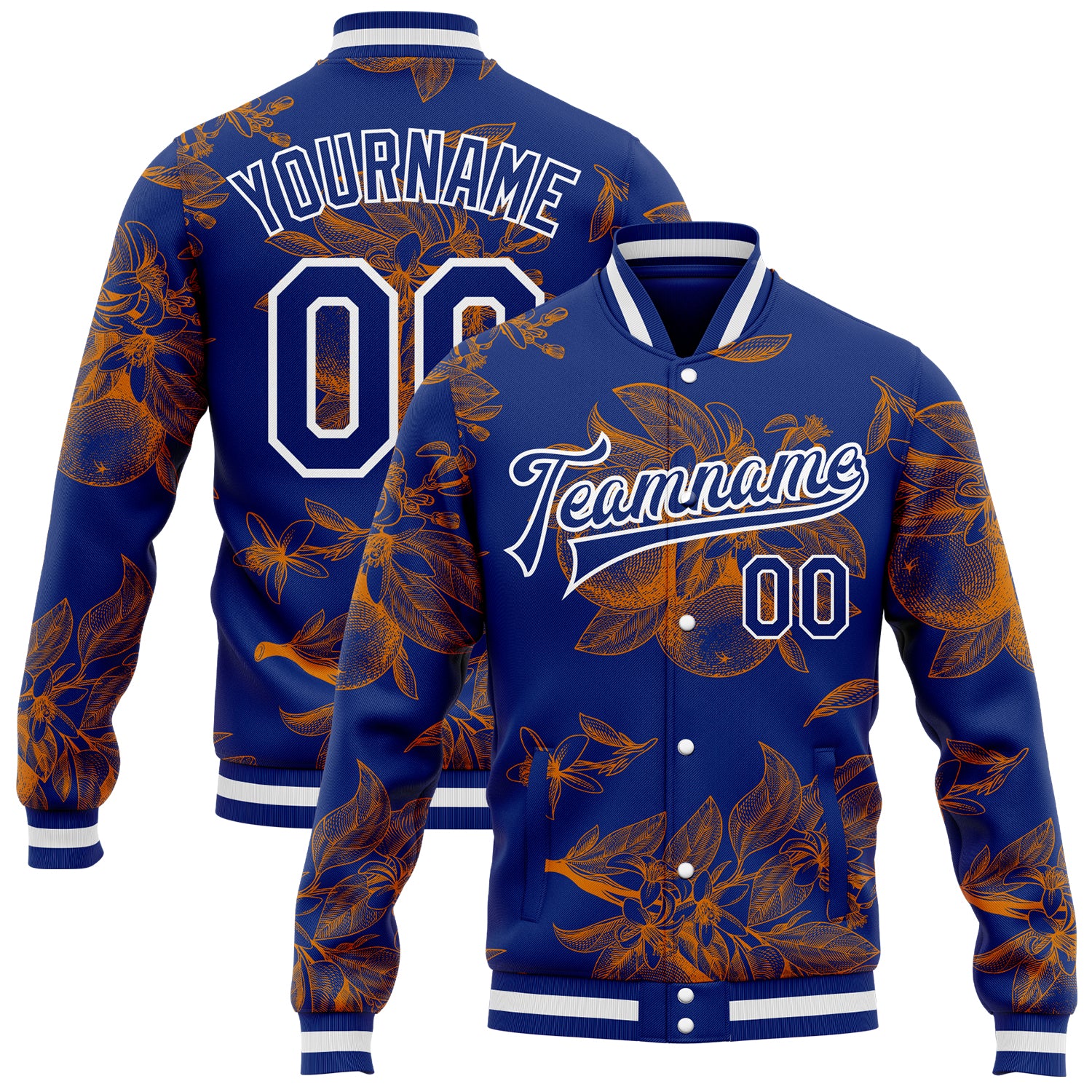 FansIdea Custom Royal Orange-White Louisiana State Flower Magnolia Bomber Full-Snap Varsity Letterman Jacket - $38.99 at Proof Eyewear