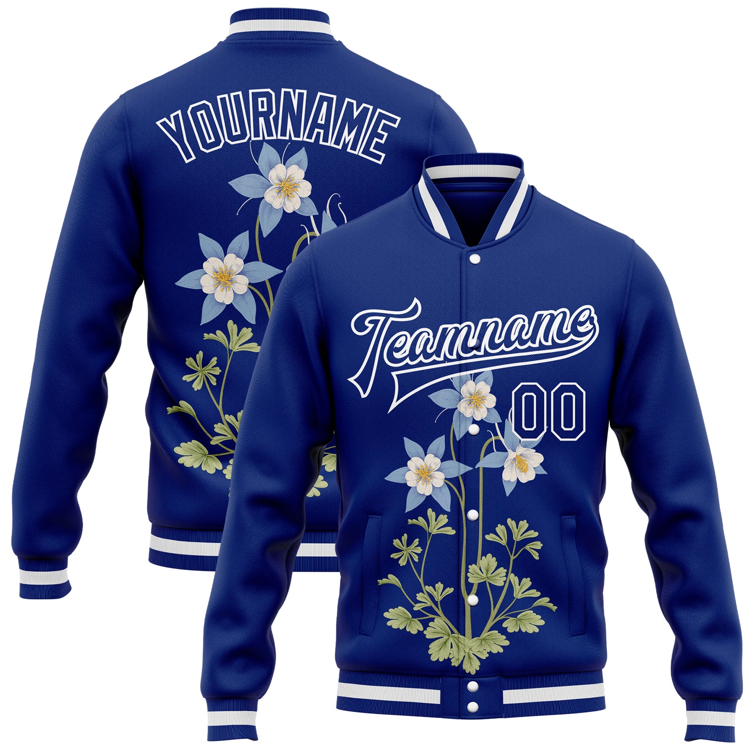 FansIdea Custom Royal-White Colorado State Flower Rocky Mountain Columbine Bomber Full-Snap Varsity Letterman Jacket - $38.99 at Proof Eyewear