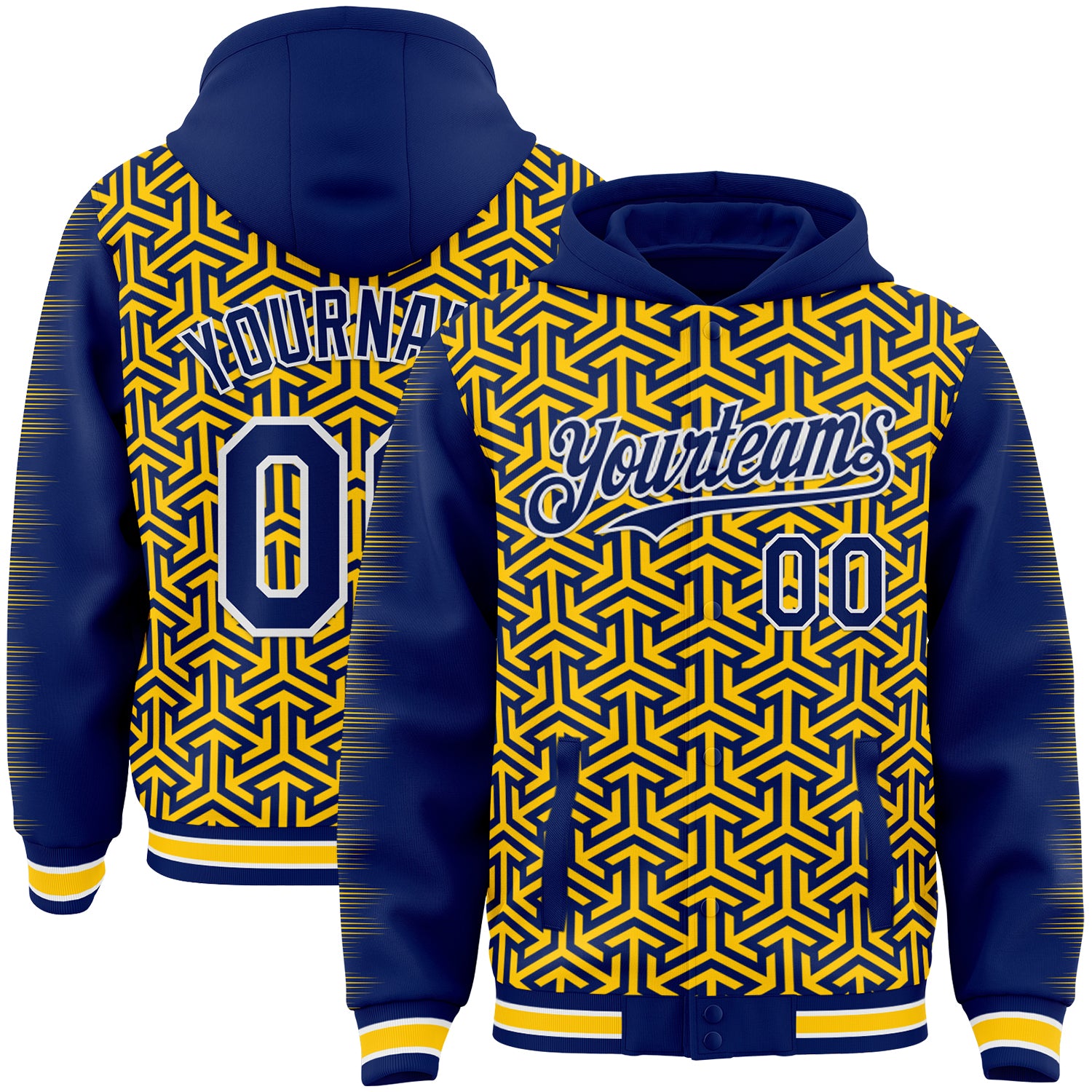 FansIdea Custom Royal Yellow-White Geometric Arrow Bomber Full-Snap Varsity Letterman Hoodie Jacket - $38.99 at Proof Eyewear