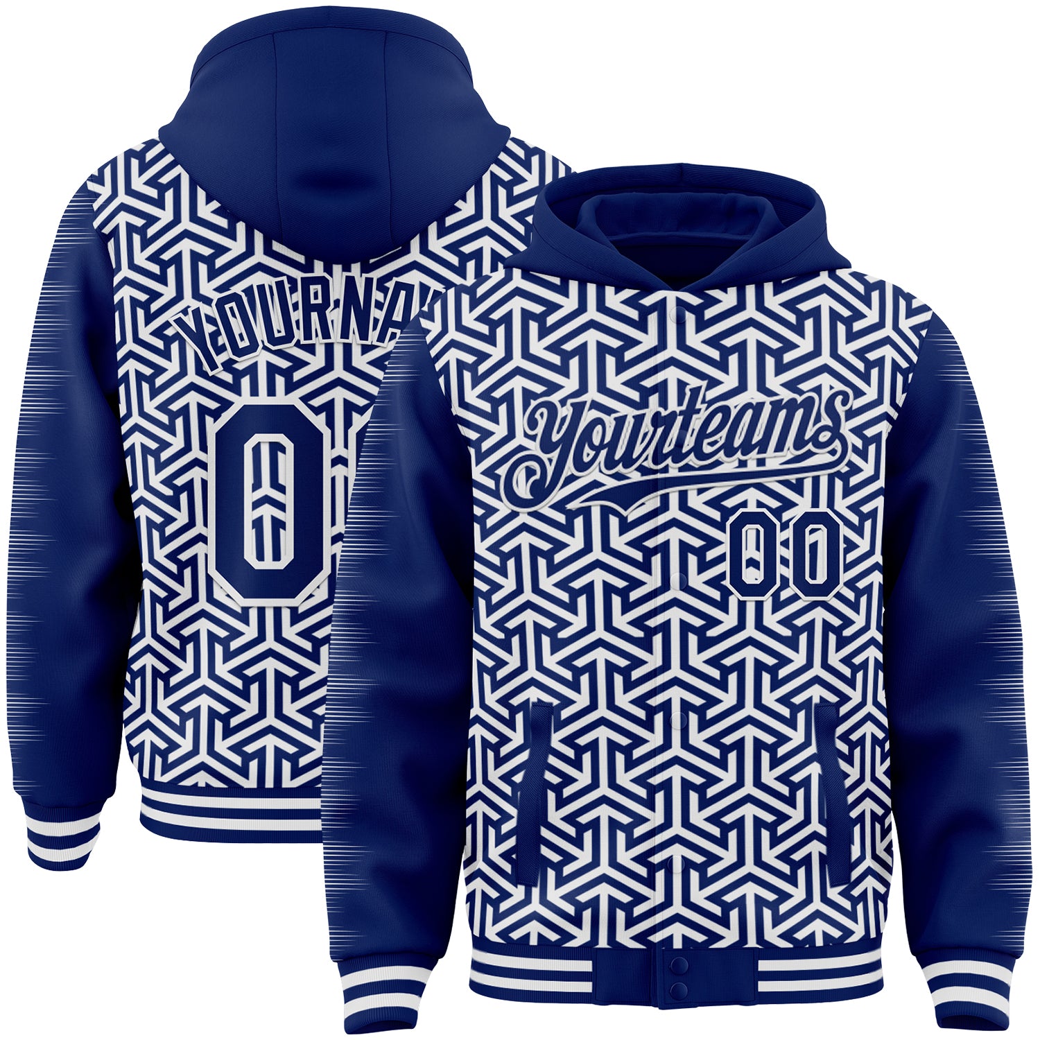 FansIdea Custom Royal-White Geometric Arrow Bomber Full-Snap Varsity Letterman Hoodie Jacket - $38.99 at Proof Eyewear