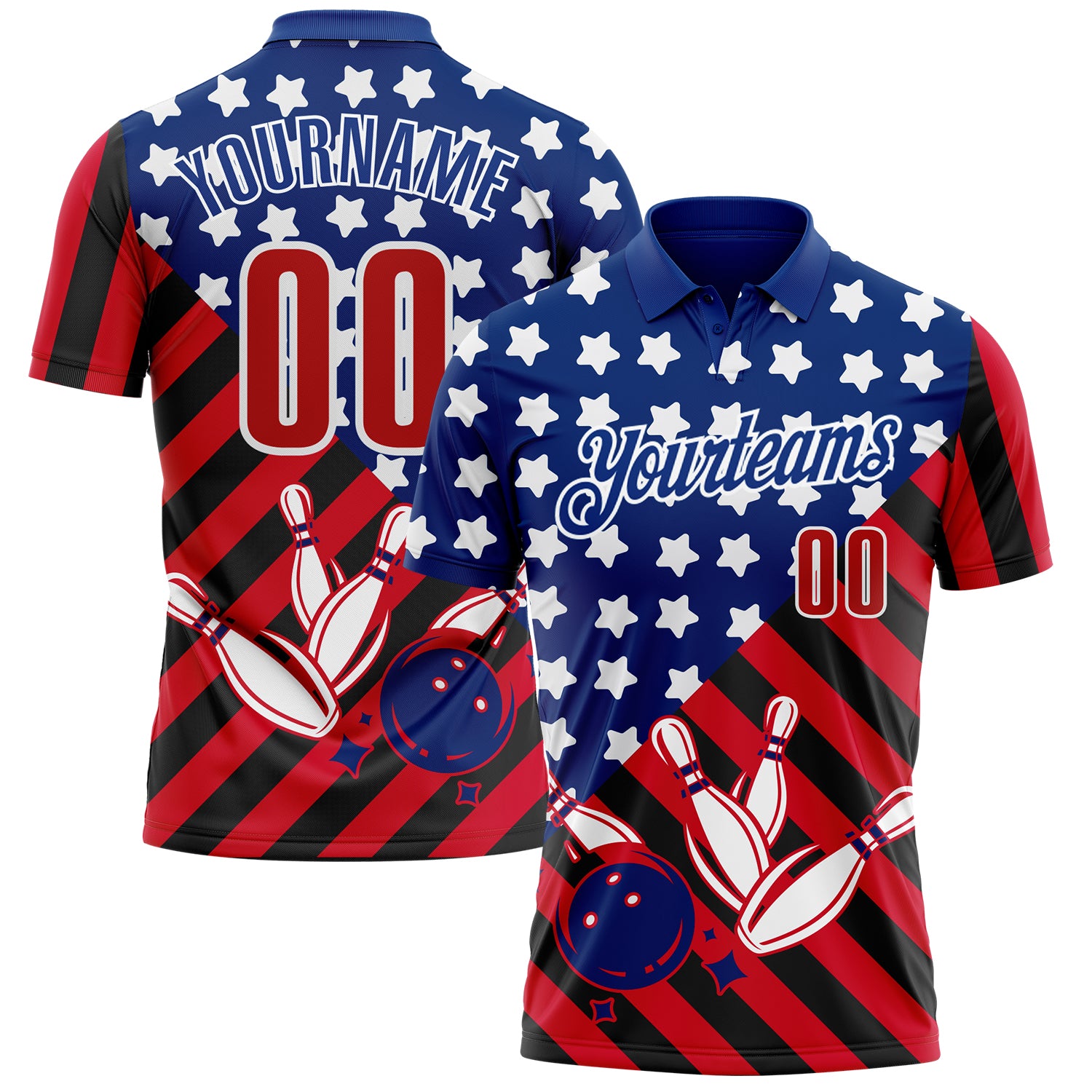 FansIdea Custom Royal Red Black-White Patriotic American Flag Bowling Ball And Pins Strike Performance Polo Shirt - $19.99 at Proof Eyewear
