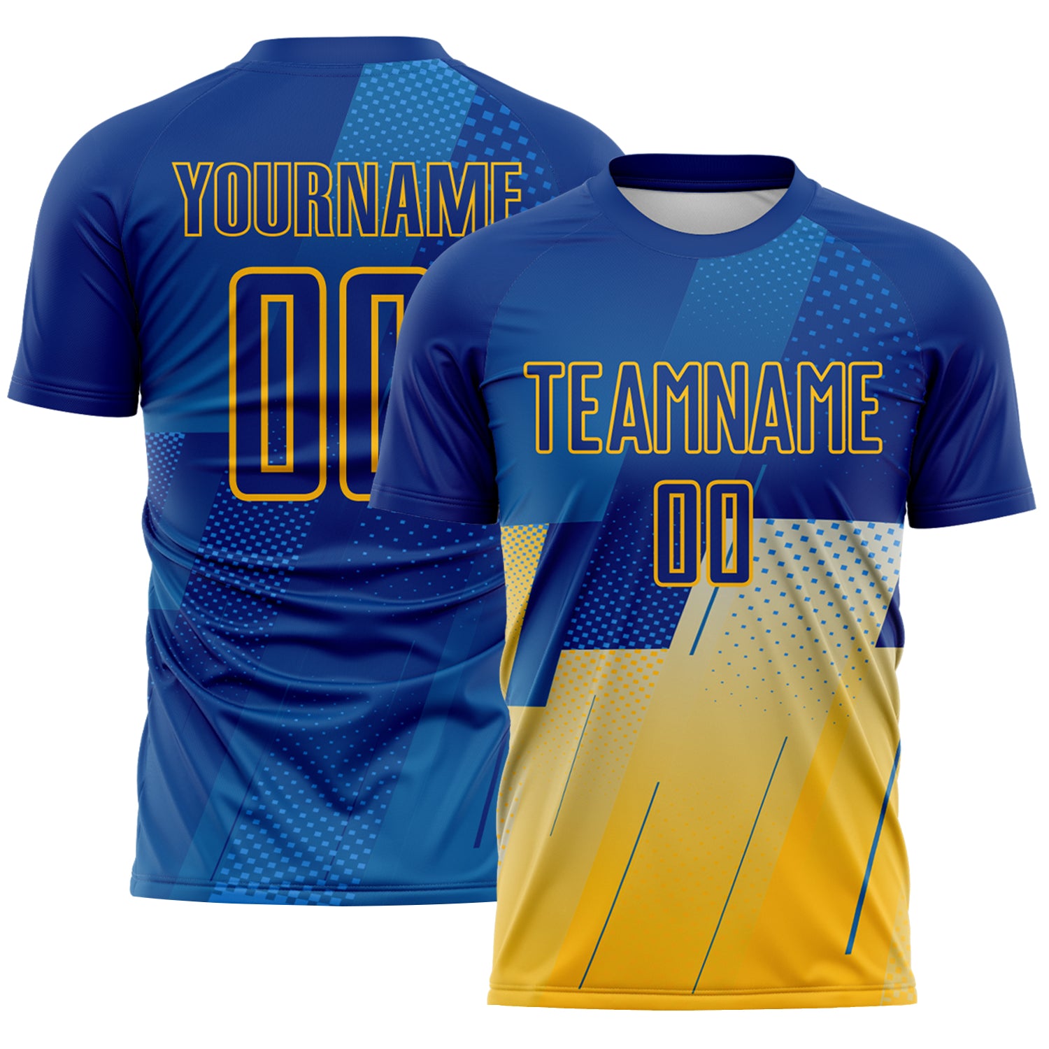 FansIdea Custom Royal Blue-Gold Geometric Diagonal Block Halftone Grid Sublimation Soccer Uniform Jersey - $16.99 at Proof Eyewear