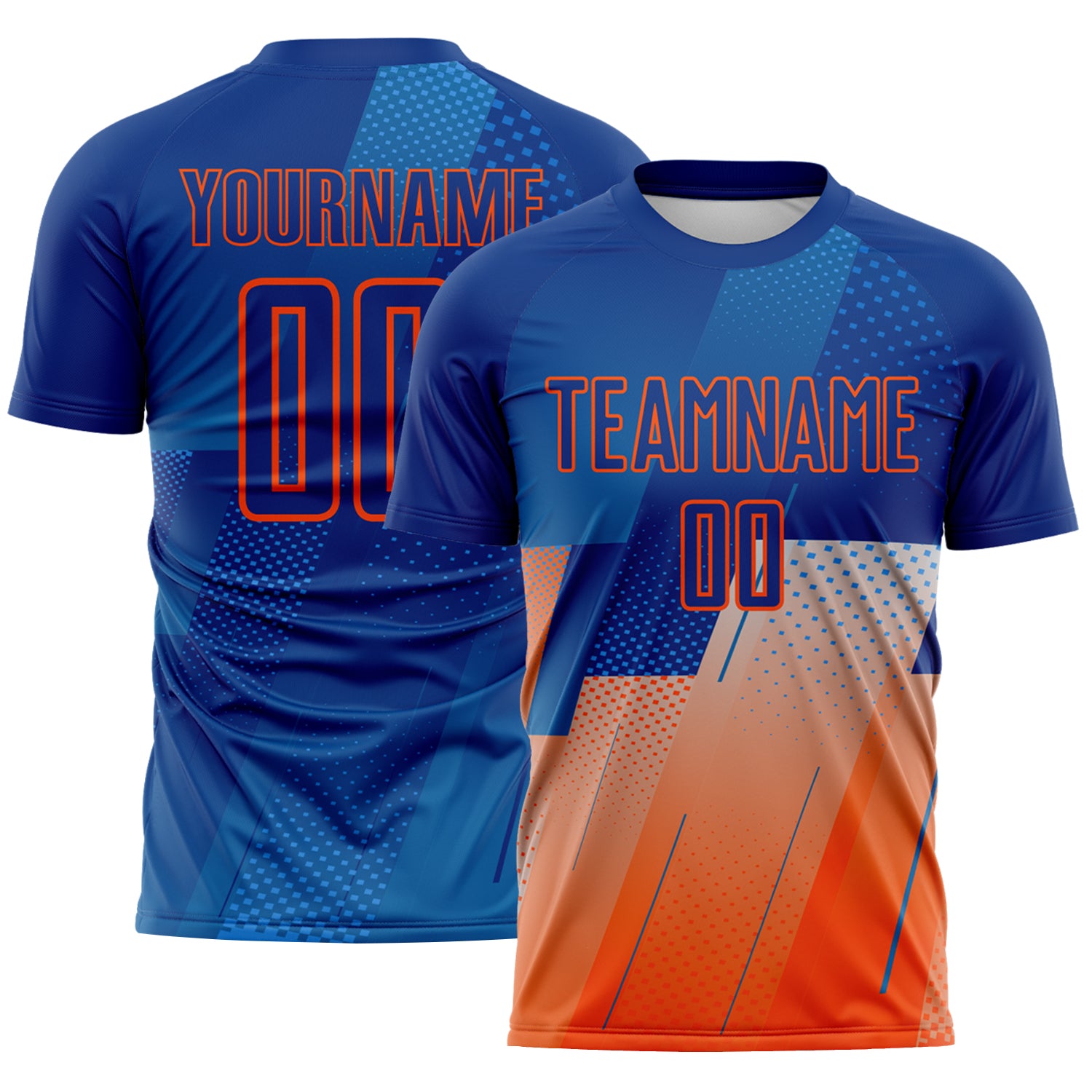 FansIdea Custom Royal Blue-Orange Geometric Diagonal Block Halftone Grid Sublimation Soccer Uniform Jersey - $16.99 at Proof Eyewear