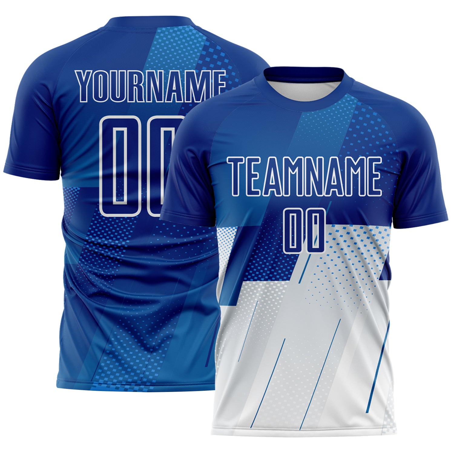 FansIdea Custom Royal Blue-White Geometric Diagonal Block Halftone Grid Sublimation Soccer Uniform Jersey - $16.99 at Proof Eyewear