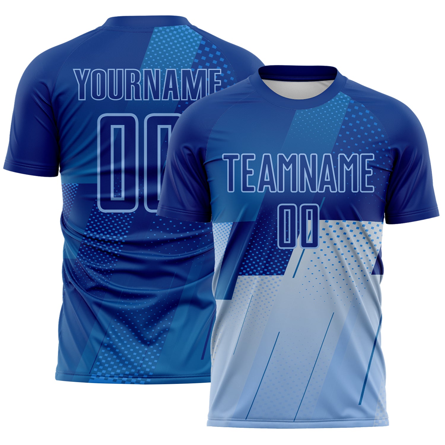 FansIdea Custom Royal Blue-Light Blue Geometric Diagonal Block Halftone Grid Sublimation Soccer Uniform Jersey - $16.99 at Proof Eyewear