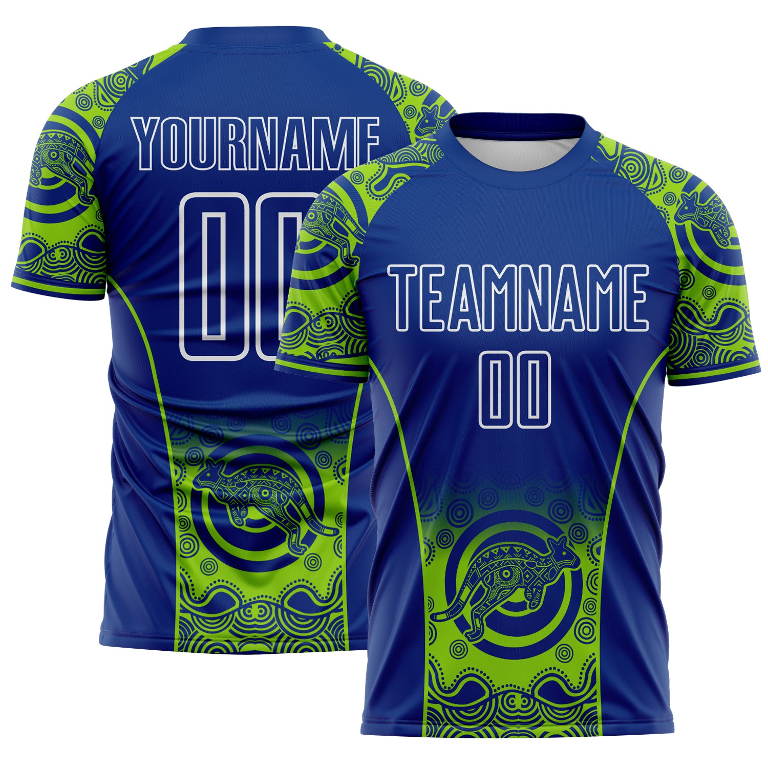 FansIdea Custom Royal Neon Green-White Australia Kangaroo Aboriginal Dot Art Australia Kangaroo Sublimation Soccer Uniform Jersey - $16.99 at Proof Eyewear