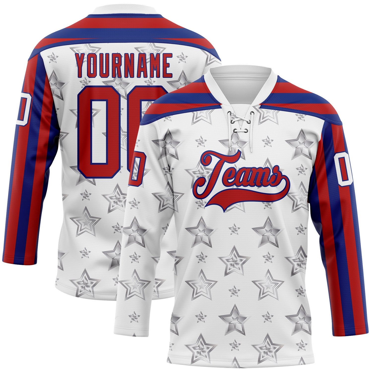 FansIdea Custom White Red-Royal American Flag Hockey Lace Neck Jersey - $29.99 at Proof Eyewear