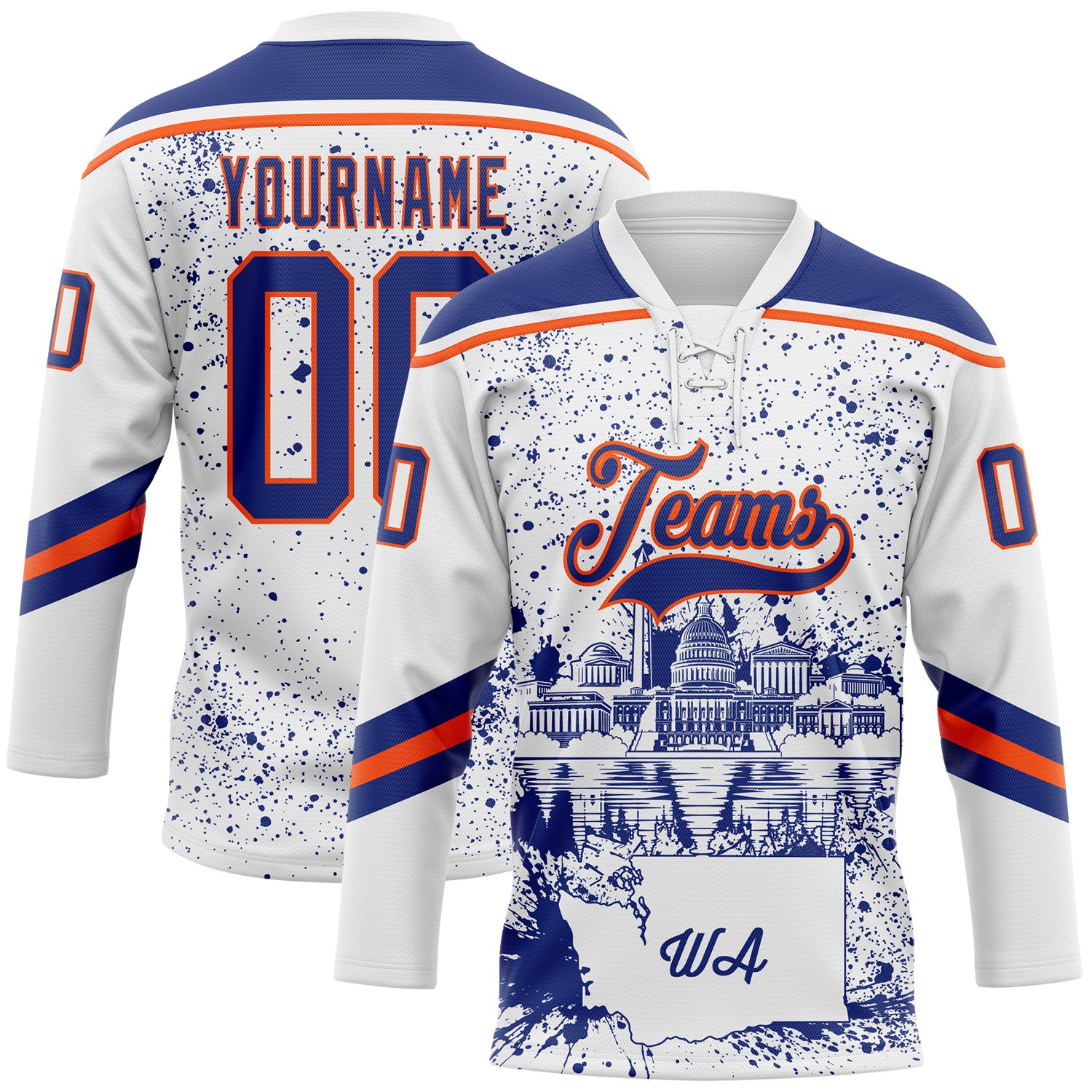 FansIdea Custom White Royal-Orange Washington DC WA City Skyline State Pride Paint Splatter Lace Neck Hockey Jersey - $29.99 at Proof Eyewear