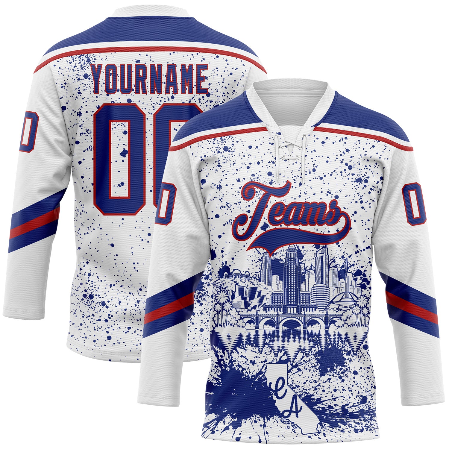 FansIdea Custom White Royal-Red Sacramento CA City Skyline State Pride Paint Splatter Lace Neck Hockey Jersey - $29.99 at Proof Eyewear