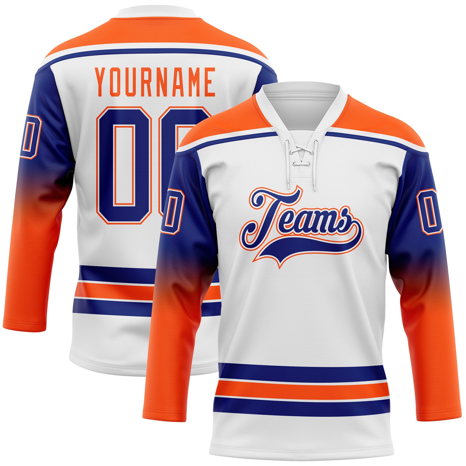 FansIdea Custom White Royal-Orange Gradient Sleeves Lace Neck Hockey Jersey - $29.99 at Proof Eyewear