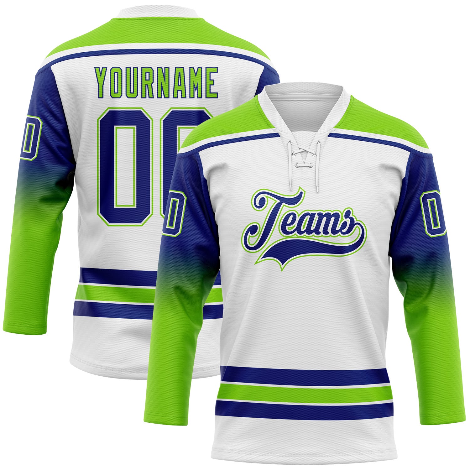 FansIdea Custom White Royal-Neon Green Gradient Sleeves Lace Neck Hockey Jersey - $29.99 at Proof Eyewear