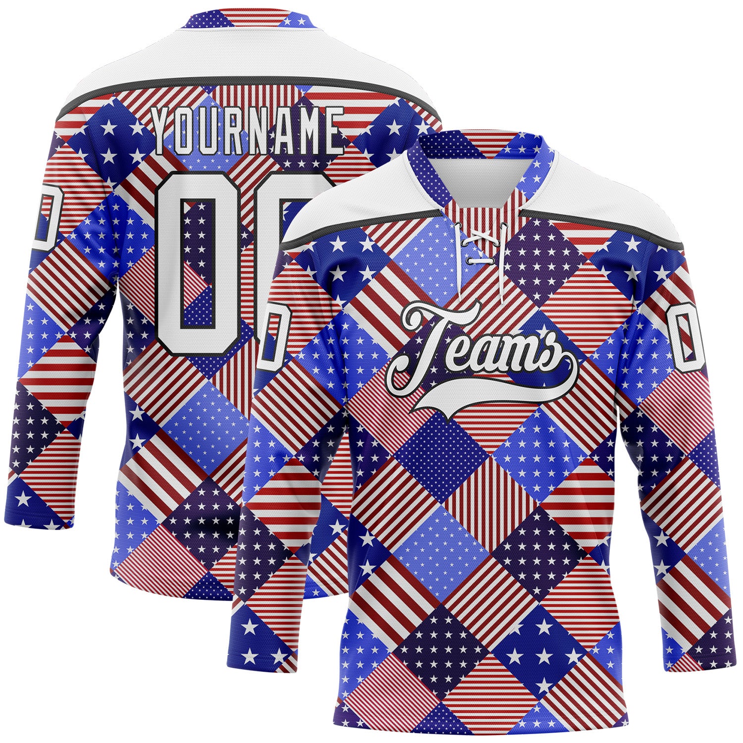 FansIdea Custom White Royal Red-Black American Flag Hockey Lace Neck Jersey - $29.99 at Proof Eyewear