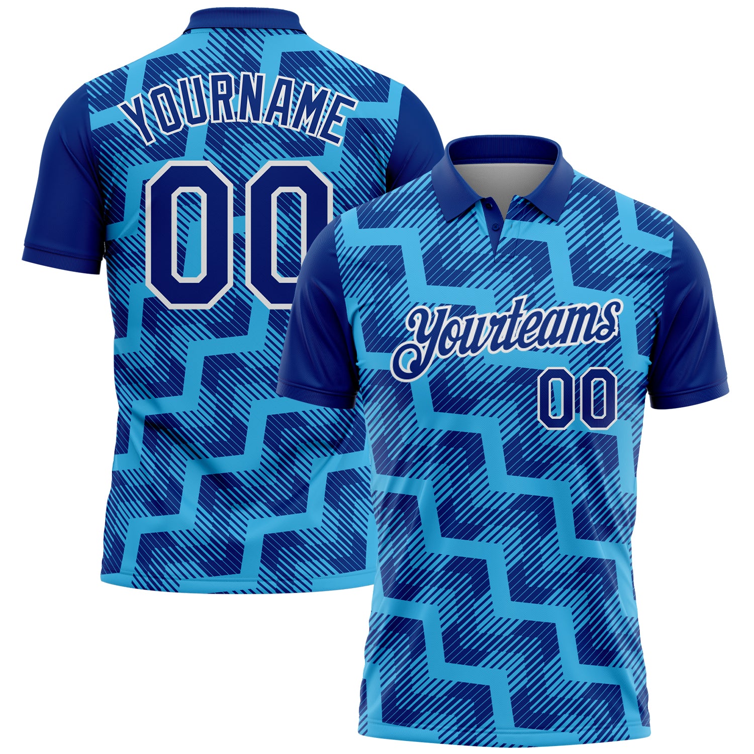 FansIdea Custom Royal Sky Blue-White Geometric Block Diagonal Line Hatching Performance Polo Shirt - $19.99 at Proof Eyewear