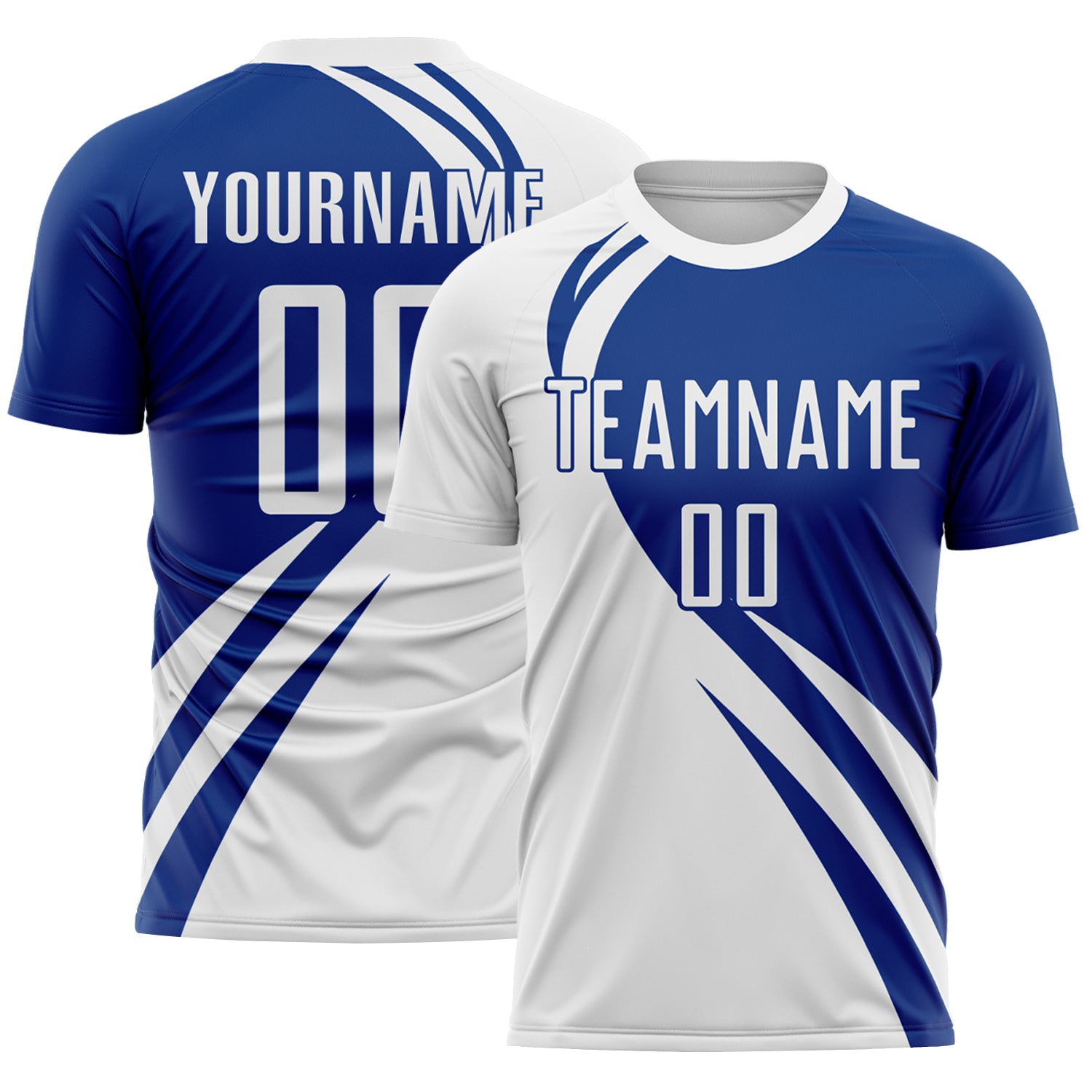 FansIdea Custom White Royal Diagonal Streamline Color Block Swirl Curve Lines Sublimation Soccer Uniform Jersey - $16.99 at Proof Eyewear