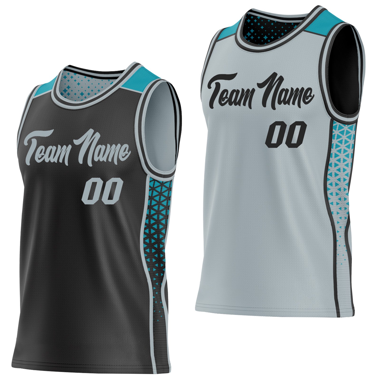 FansIdea Custom Black Silver-Teal Side Panel Stripe Geometric Triangle Gradient Dot Reversible Double Side Sublimation Basketball Set Jersey - $17.99 at Proof Eyewear