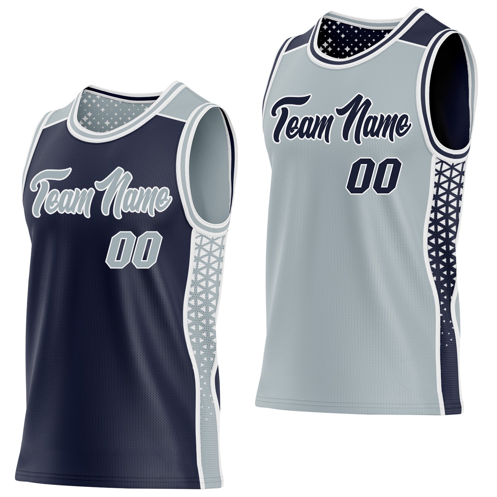 FansIdea Custom Navy Silver-White Side Panel Stripe Geometric Triangle Gradient Dot Reversible Double Side Sublimation Basketball Set Jersey - $17.99 at Proof Eyewear