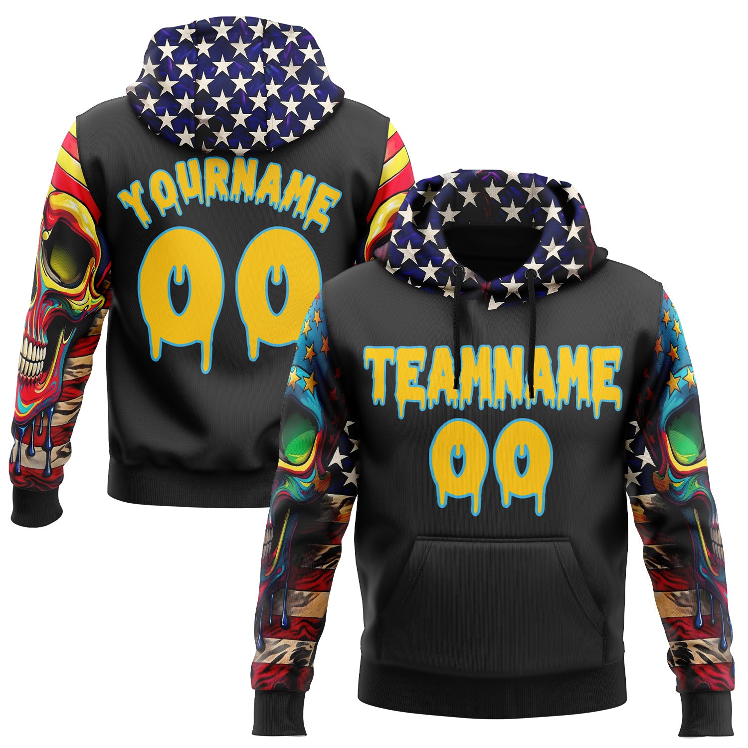 FansIdea Custom Black Yellow-Sky Blue 3D Skull American Flag Inspired Graffiti Sports Pullover Sweatshirt Hoodie - $32.99 at Proof Eyewear