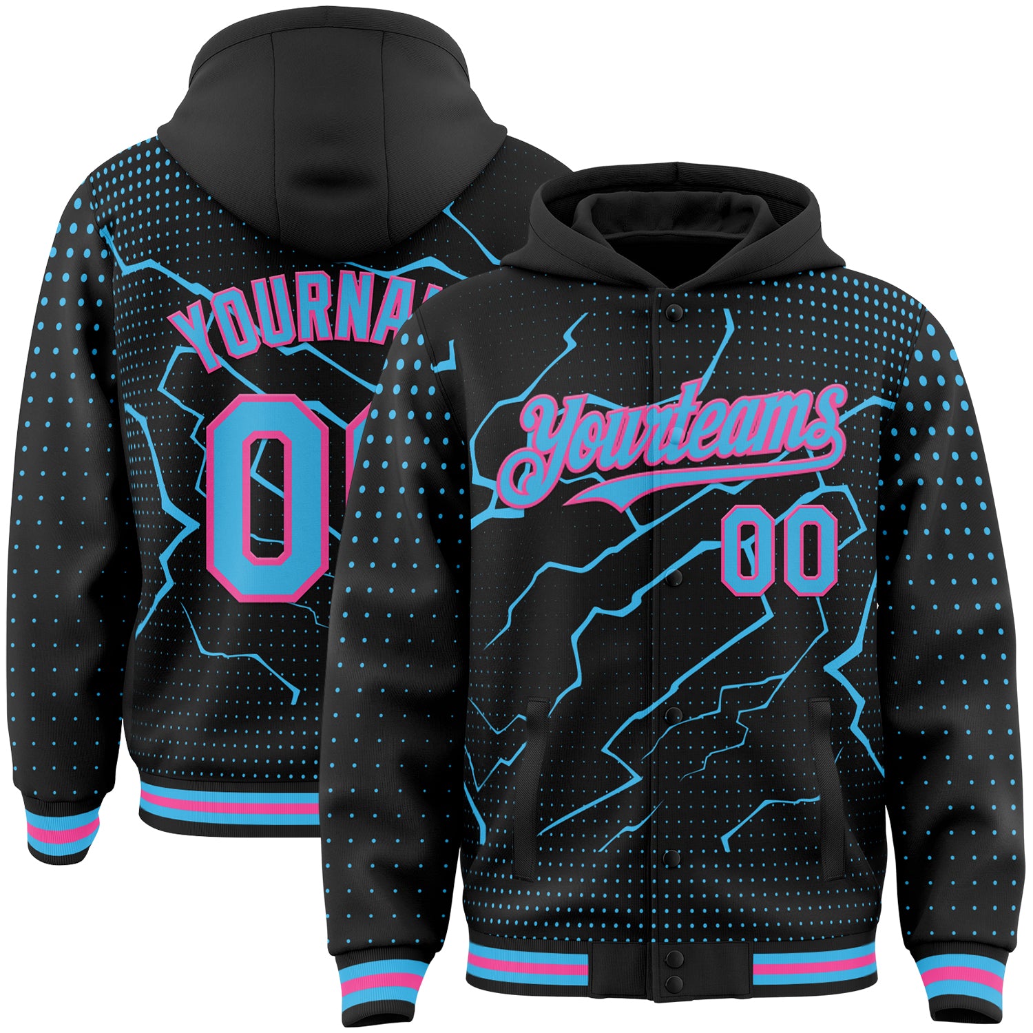 FansIdea Custom Black Sky Blue-Pink Lightning Polka Dot 3D Pattern Bomber Full-Snap Varsity Letterman Hoodie Jacket - $38.99 at Proof Eyewear