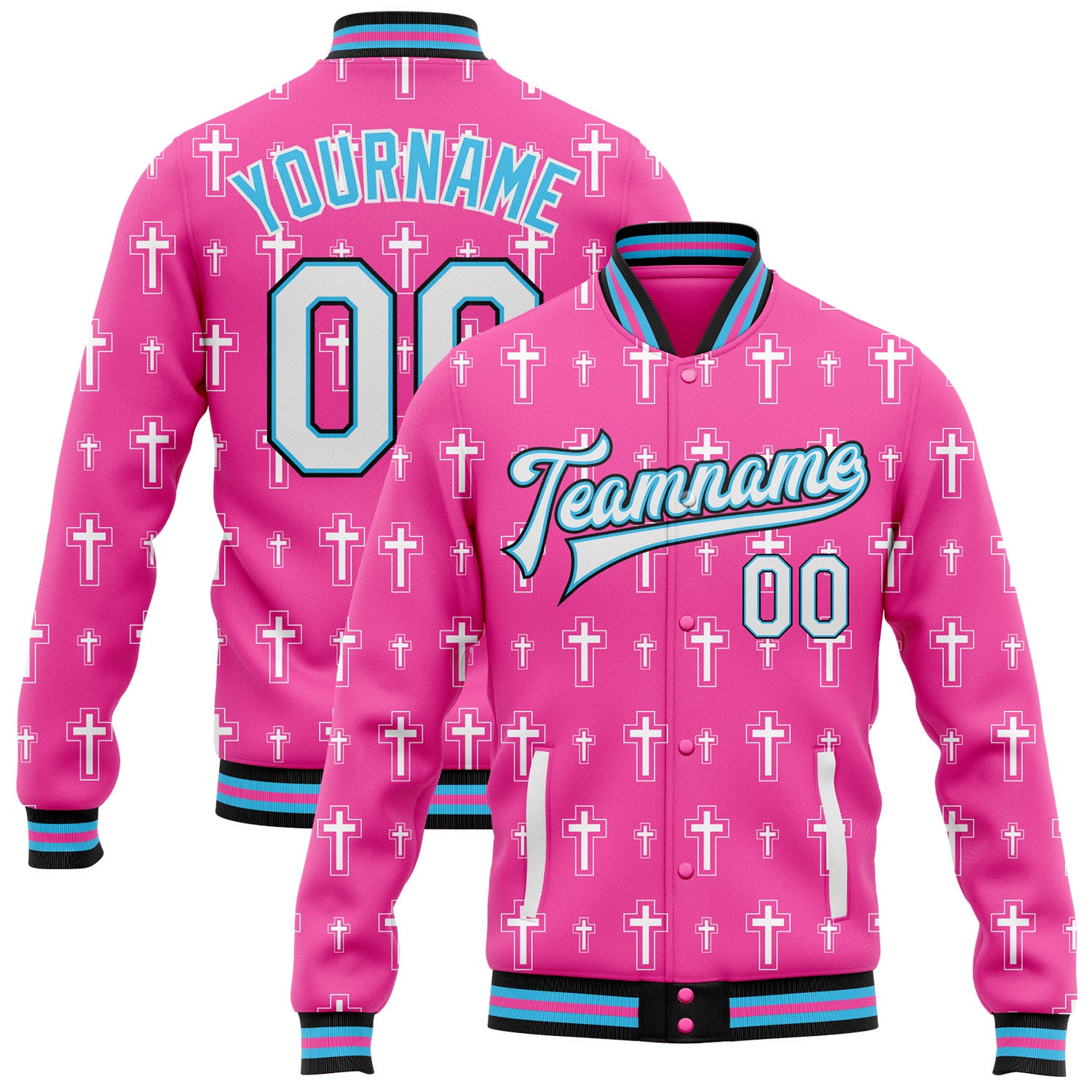 Custom Pink White Sky Blue-Black Gothic Crosses Bomber Full-Snap Varsity Letterman Jacket