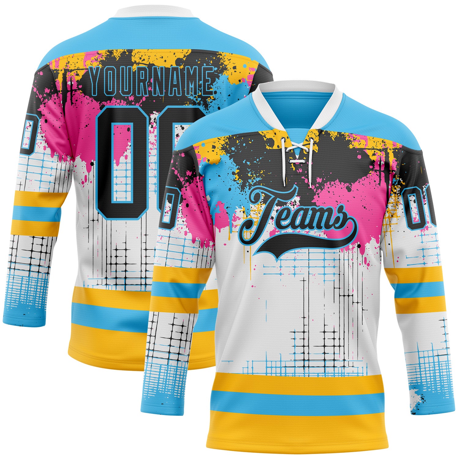 FansIdea Custom White Black Sky Blue Pink-Gold Abstract Splatter Paint Hockey Lace Neck Jersey - $29.99 at Proof Eyewear