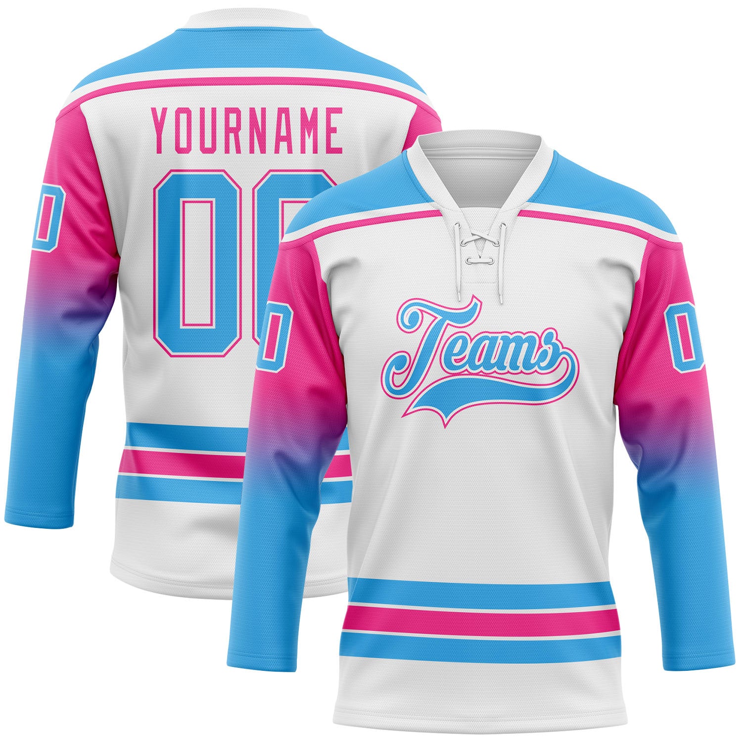 FansIdea Custom White Sky Blue-Pink Gradient Sleeves Lace Neck Hockey Jersey - $29.99 at Proof Eyewear