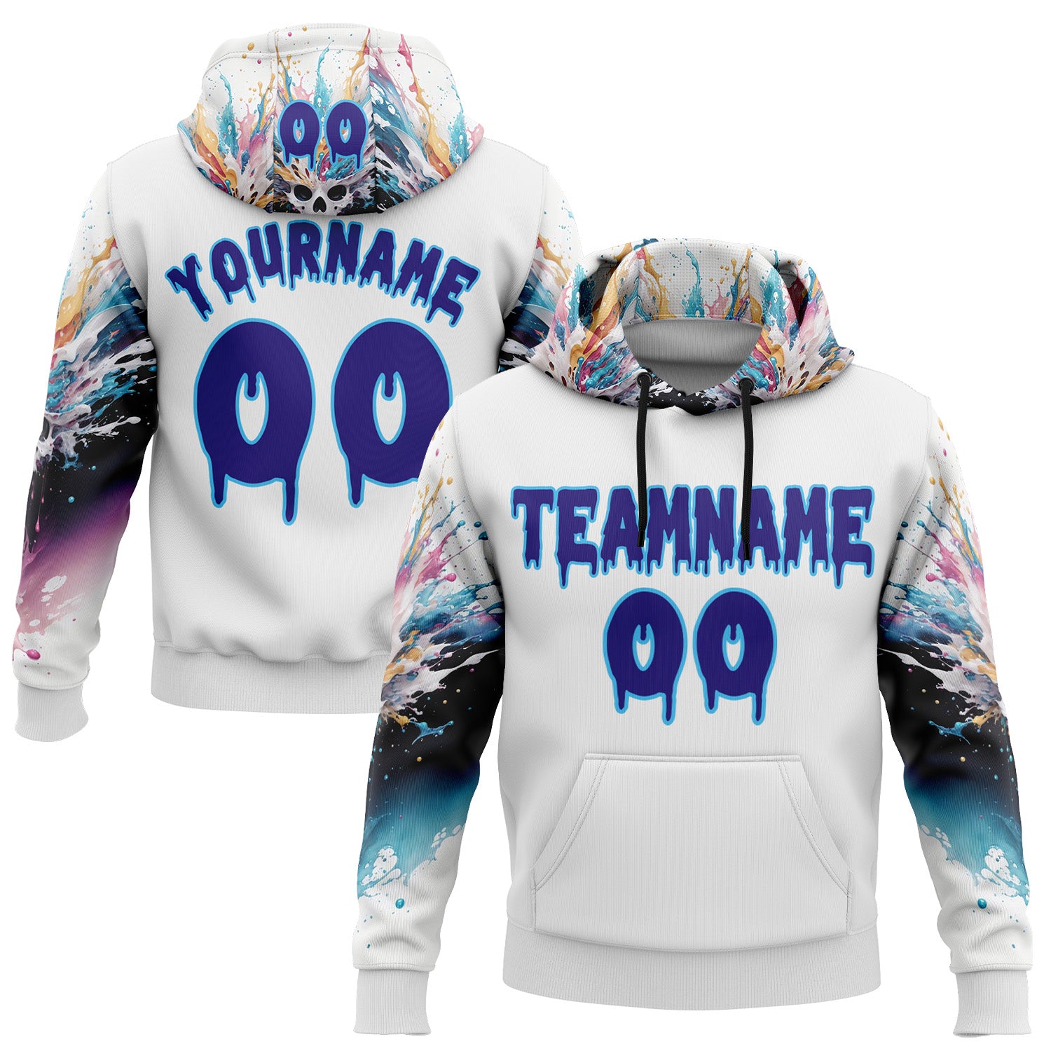 FansIdea Custom White Dark Purple-Sky Blue 3D Skull Splash Graffiti Sports Pullover Sweatshirt Hoodie - $32.99 at Proof Eyewear