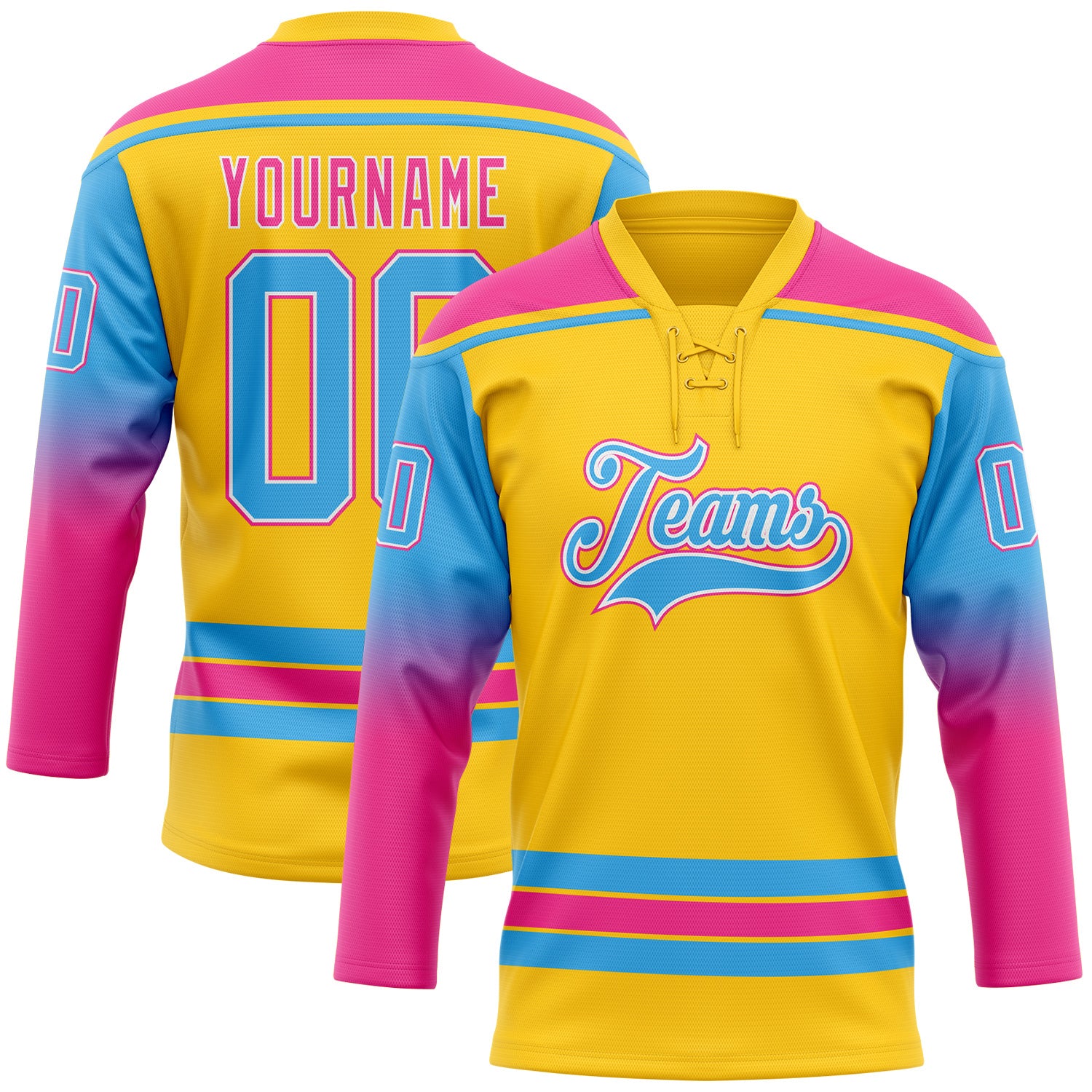 FansIdea Custom Yellow Sky Blue Pink-White Gradient Sleeves Lace Neck Hockey Jersey - $29.99 at Proof Eyewear