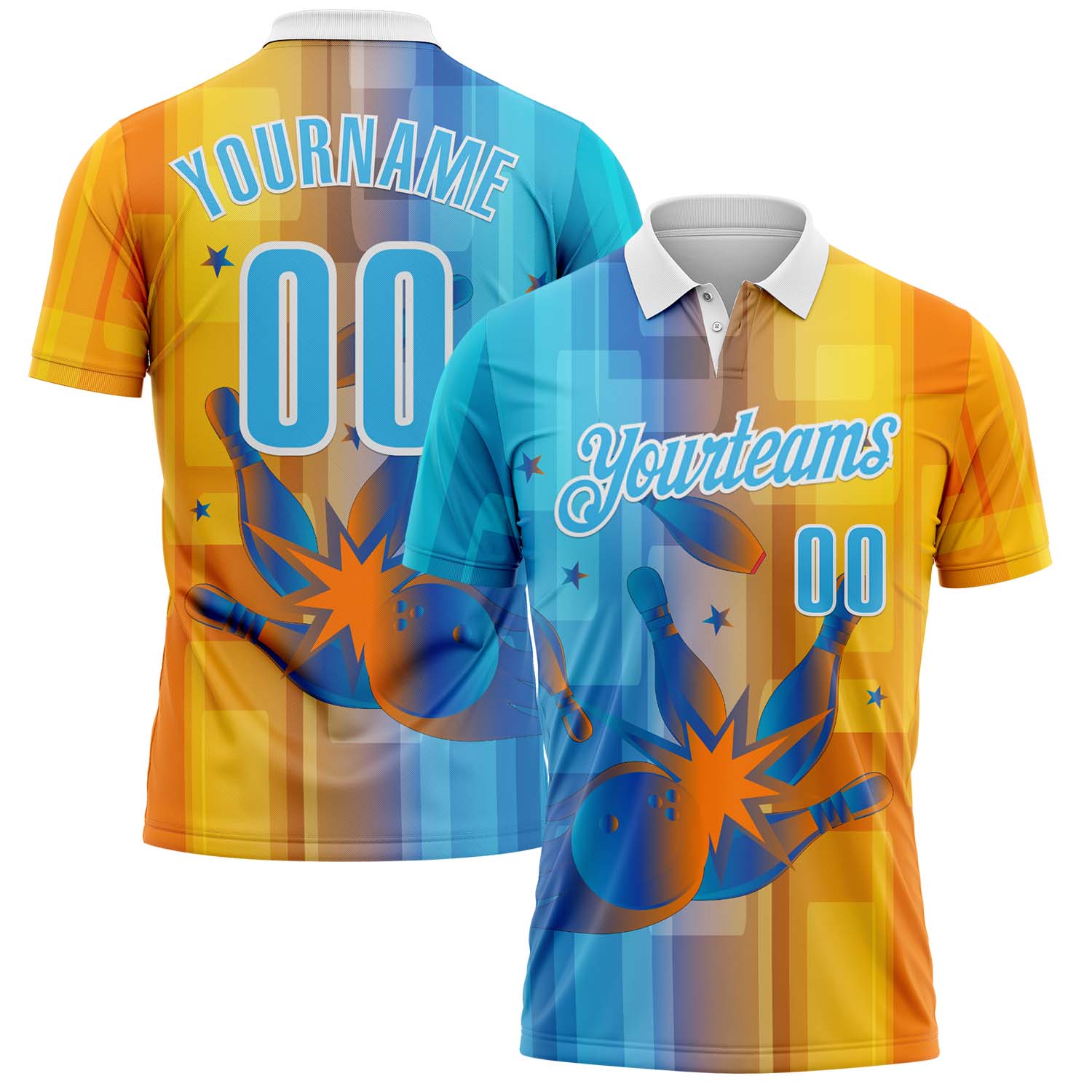 FansIdea Custom Yellow Sky Blue Blue-White Bowling Strike Colorful Geometric Performance Polo Shirt - $19.99 at Proof Eyewear
