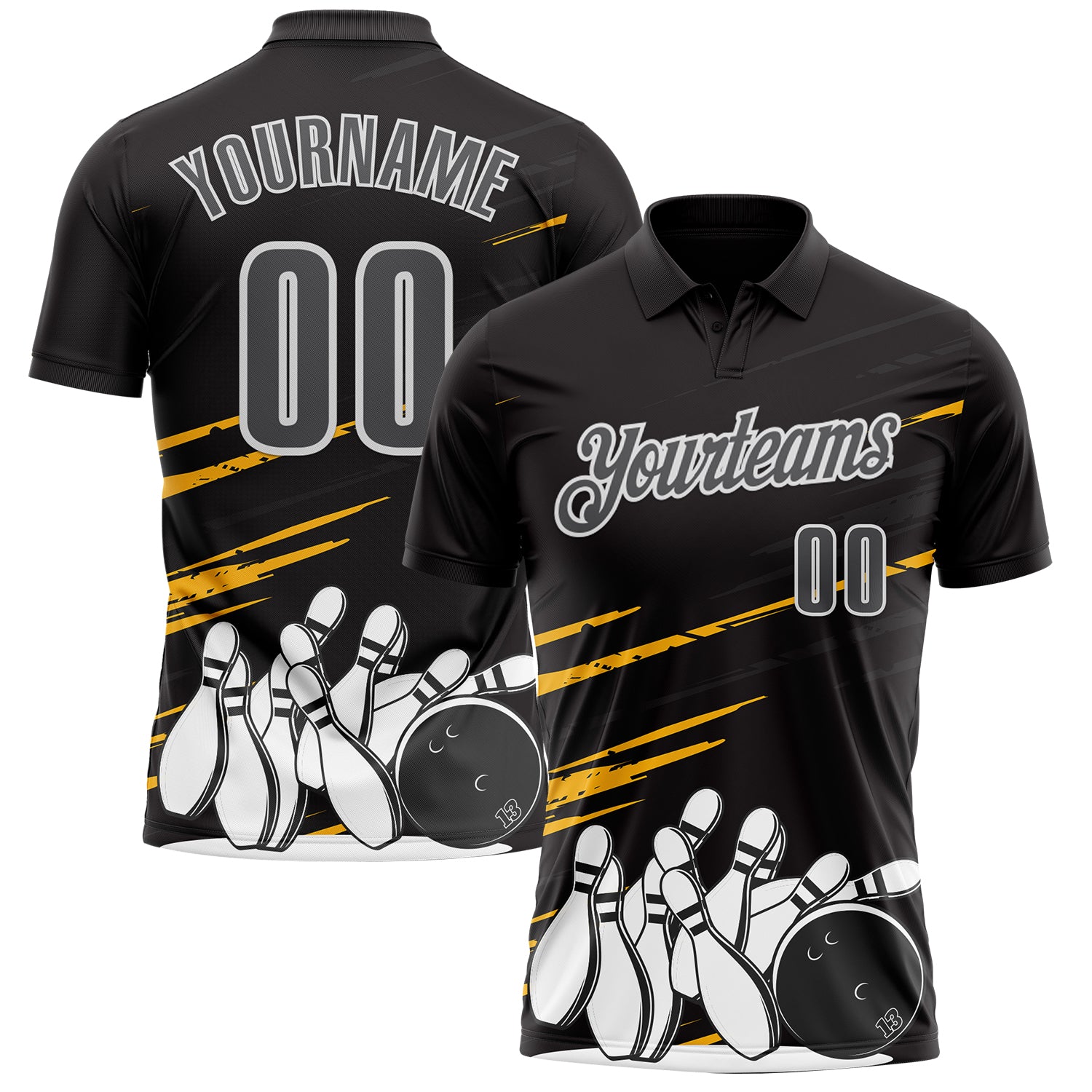 FansIdea Custom Black Steel Gray-White Bowling Ball And Pins Strike Performance Polo Shirt - $19.99 at Proof Eyewear